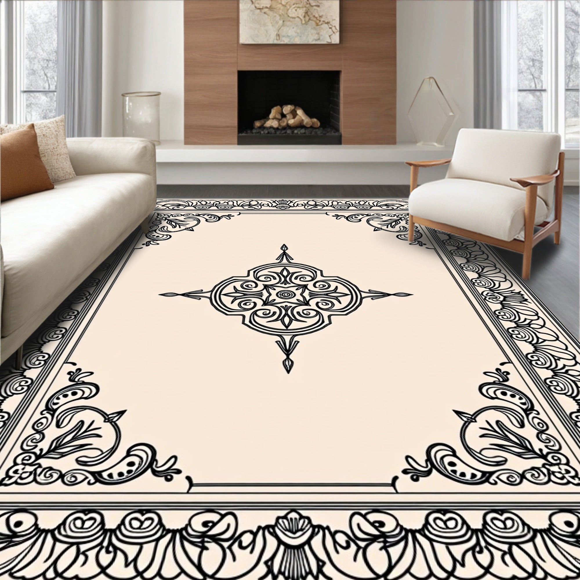 Classical Black Floral Border Medallion Rug