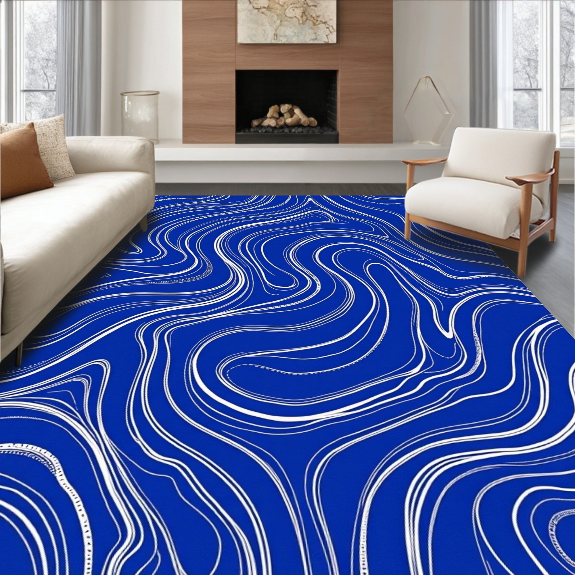 Deep Blue Abstract Wavy Lines Rug