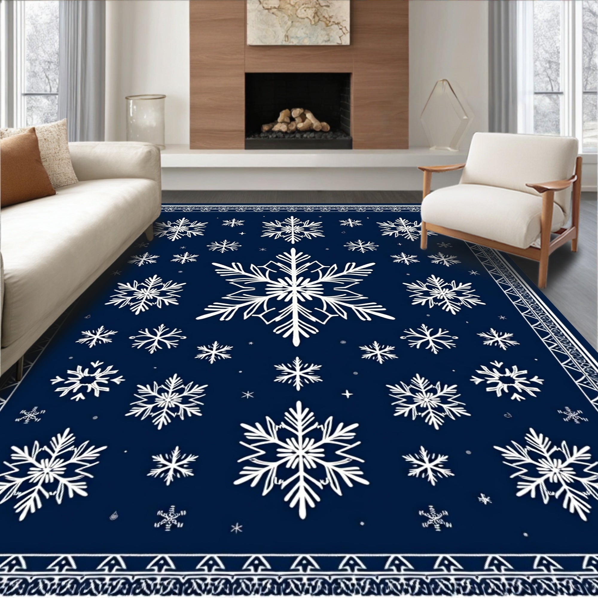 Navy Blue White Snowflake Charm Rug