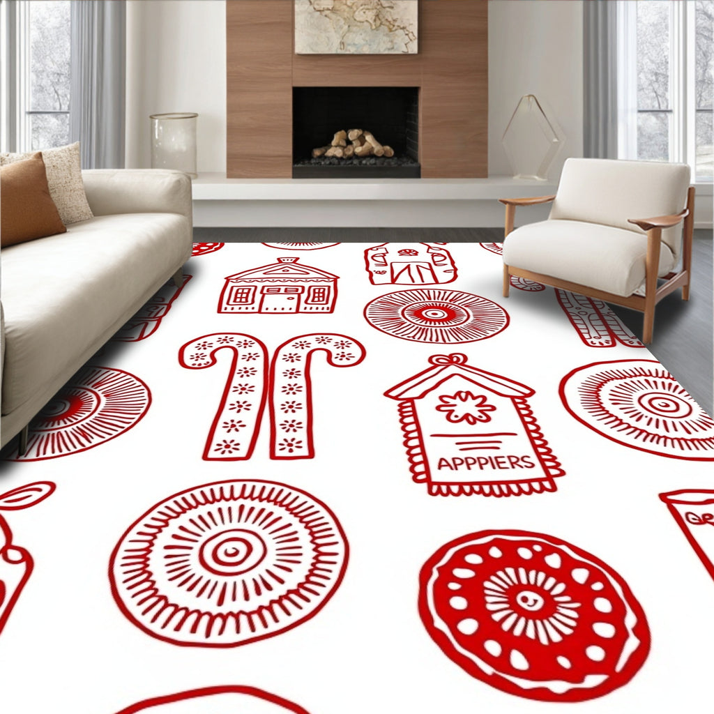 Red Folk Art Village Collection Rug