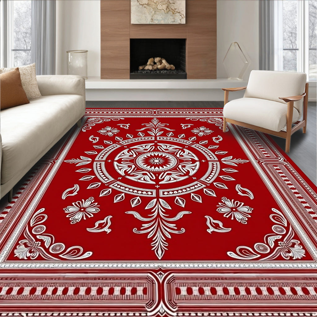 Deep Red Symmetric Garden Composition Rug