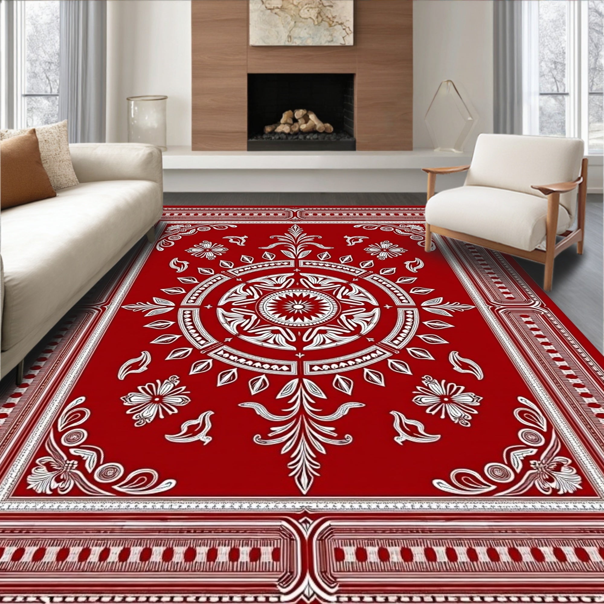 Deep Red Symmetric Garden Composition Rug