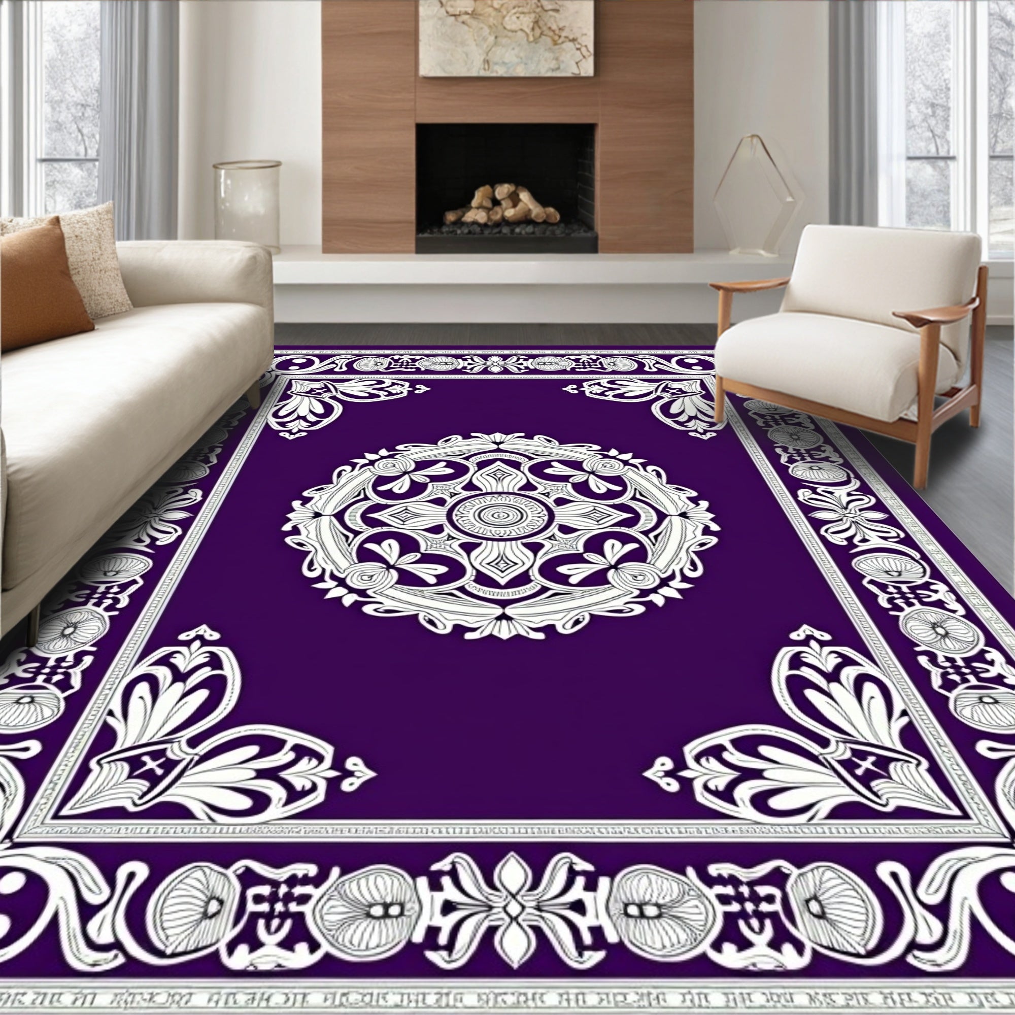 Deep Purple Medallion Floral Border Rug