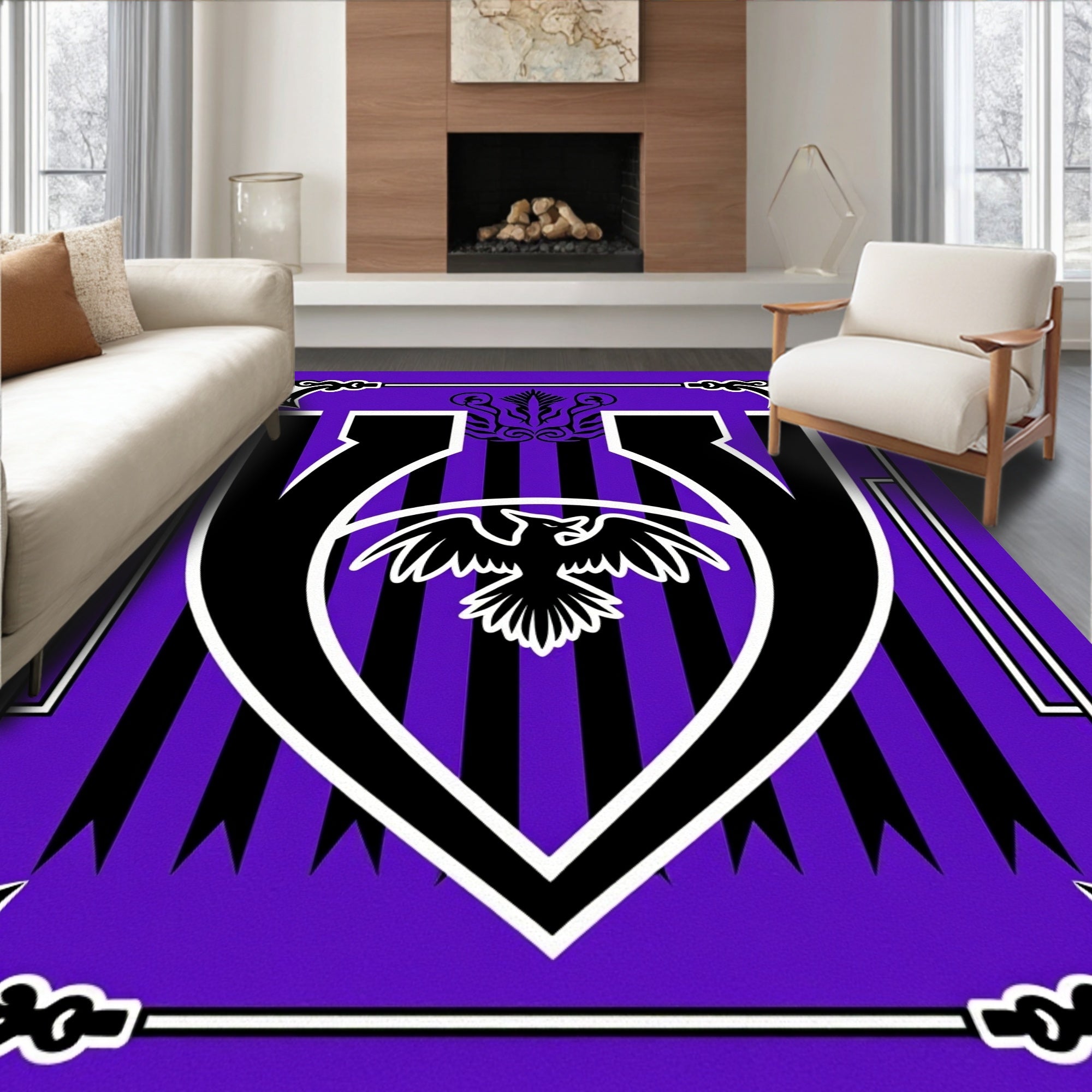 Vibrant Black Raven Crest Purple Stripes Rug