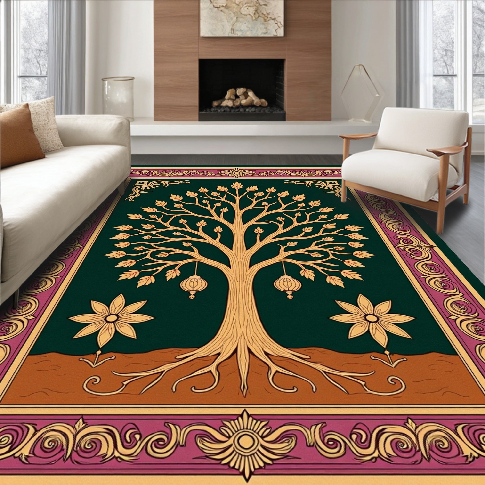 Deep Teal Golden Tree Floral Border Rug
