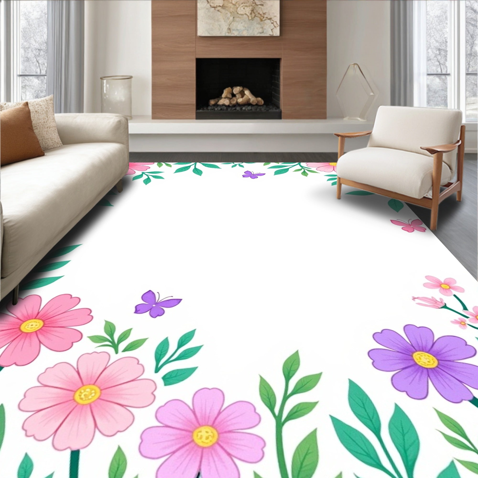 Pink Purple Blooming Garden Butterfly Rug
