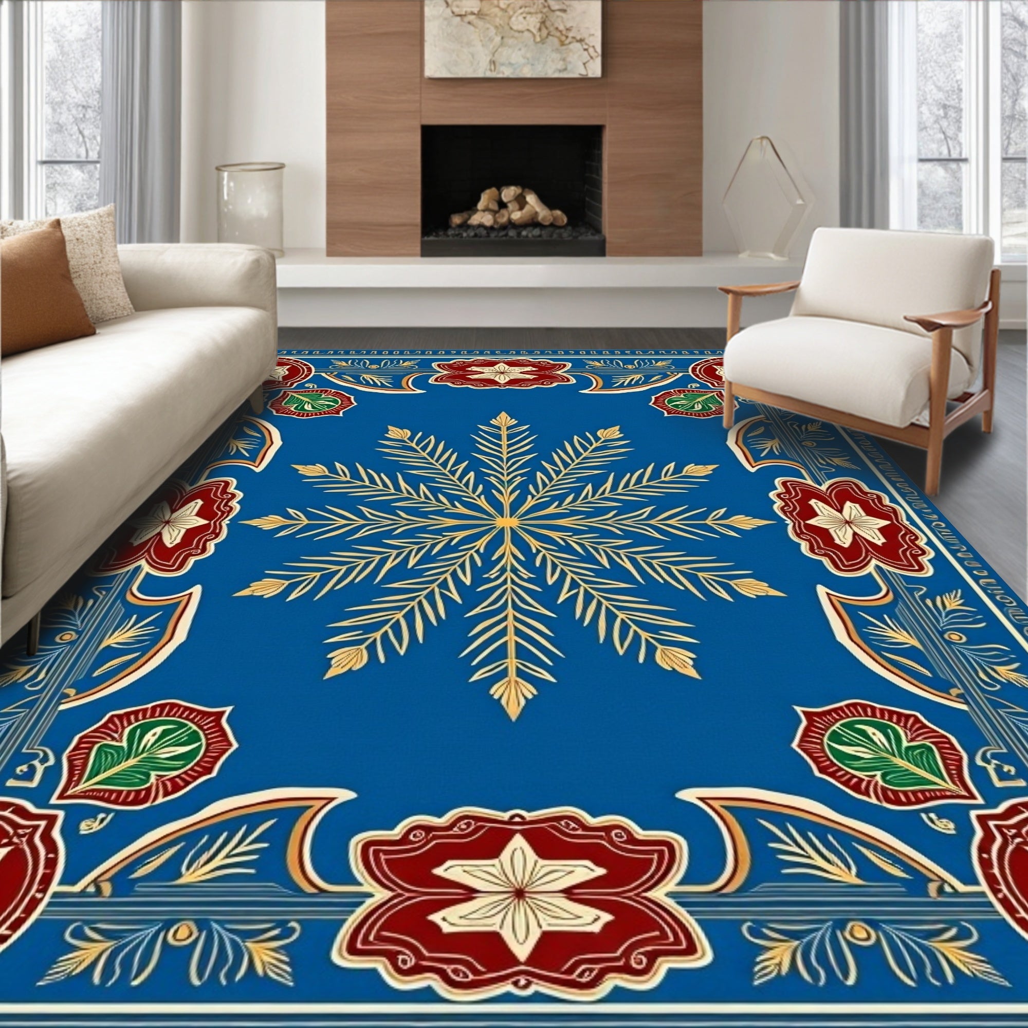 Royal Blue Golden Starburst Medallion Border Rug