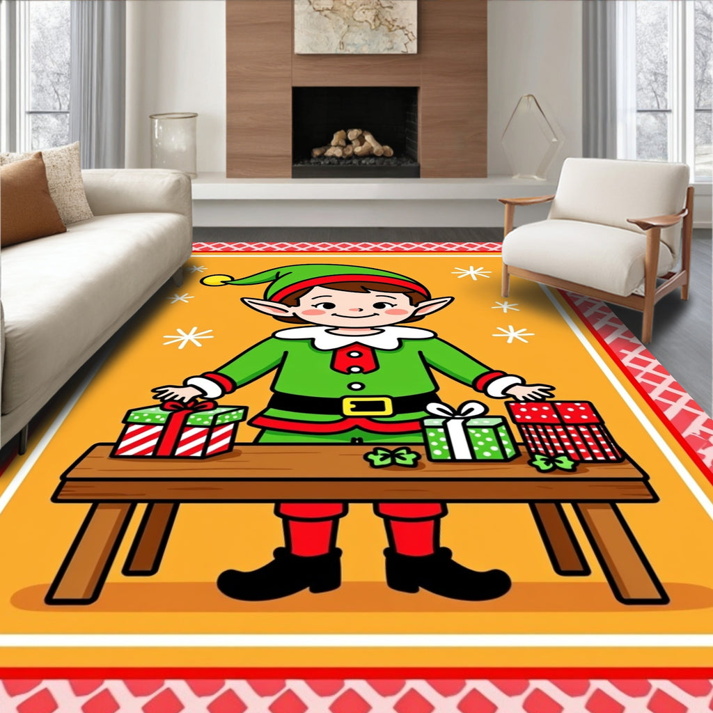 Whimsical Elf Present Wrapping Christmas Rug