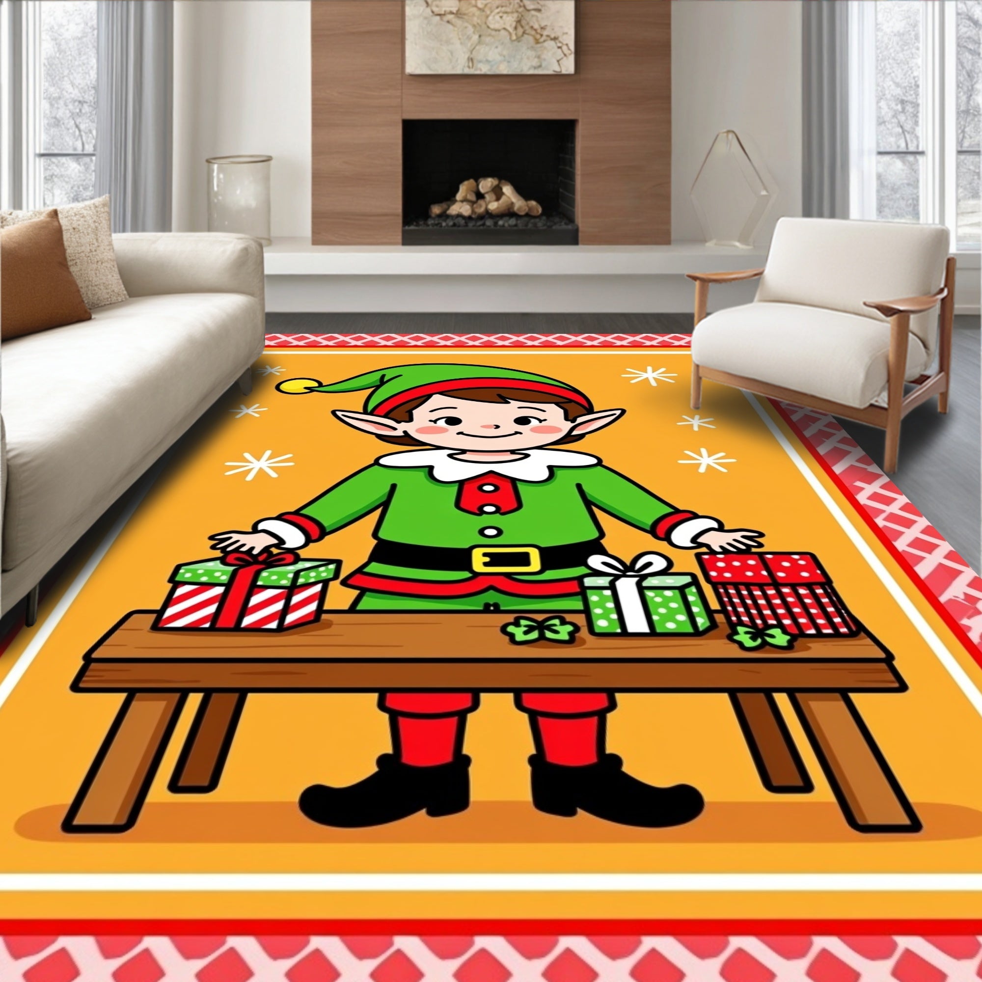 Whimsical Elf Present Wrapping Christmas Rug