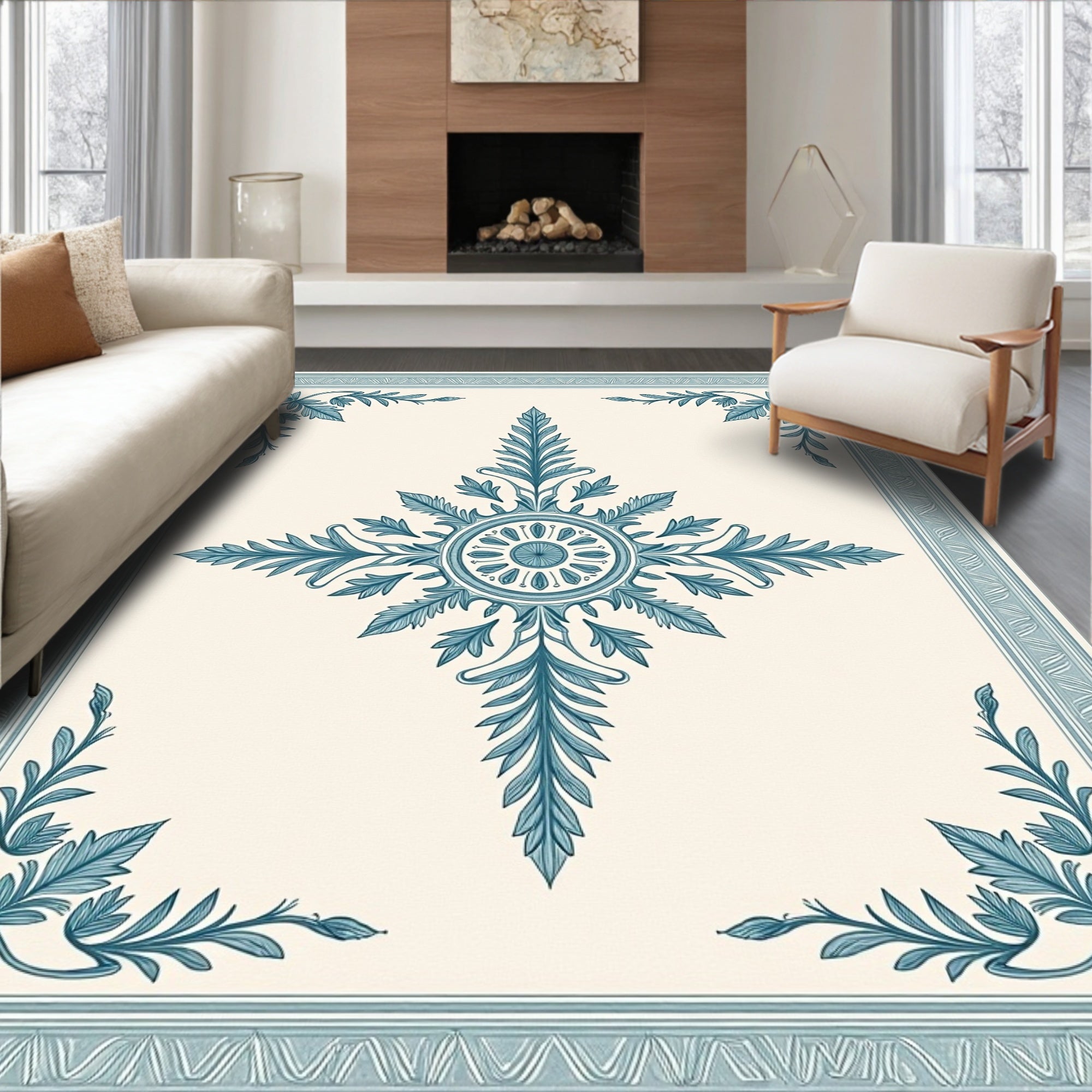 Blue Teal Leaf Medallion Frame Rug
