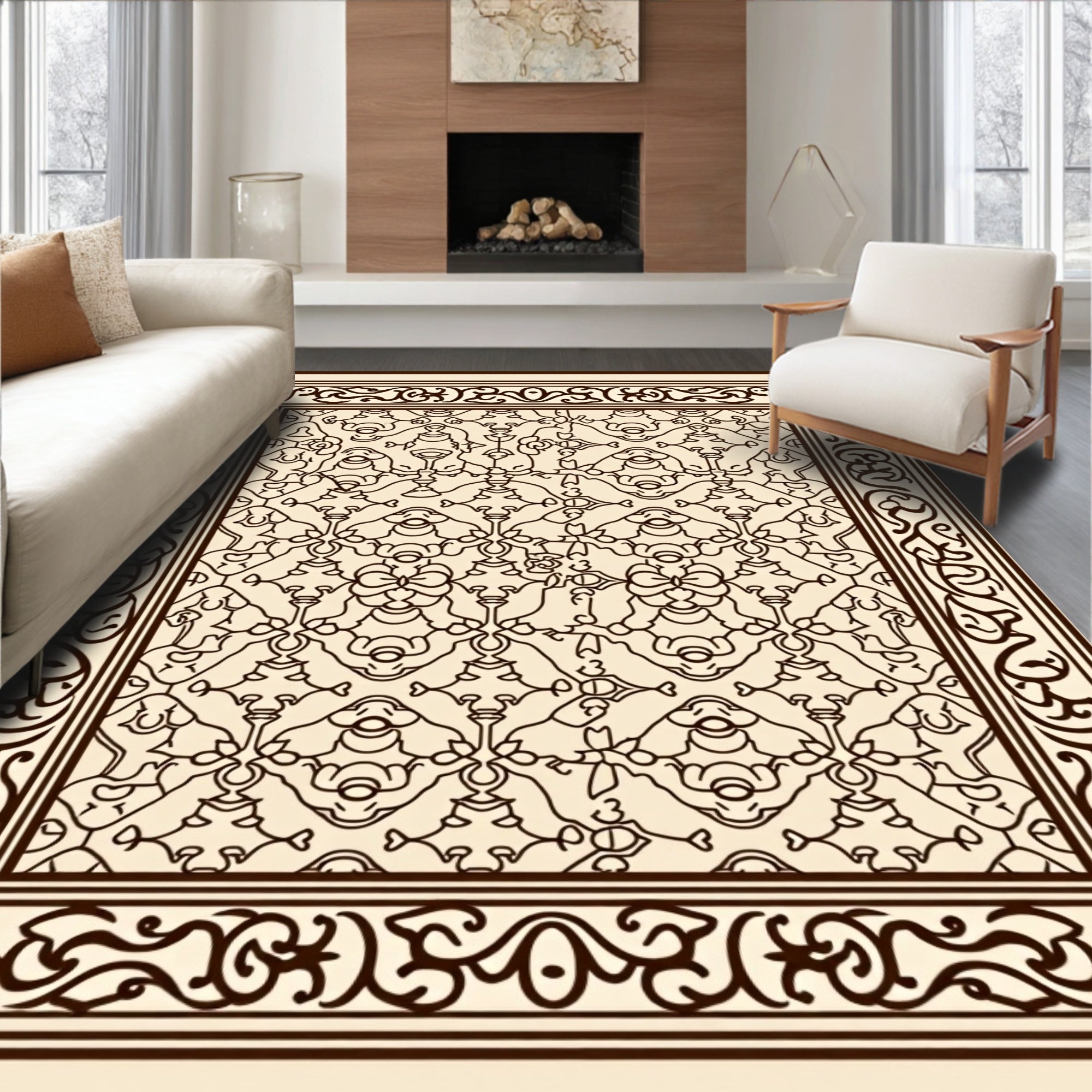 Ornate Beige Dark Scroll Centerpiece Rug