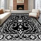 Black White Floral Scrollwork Courtly Rug