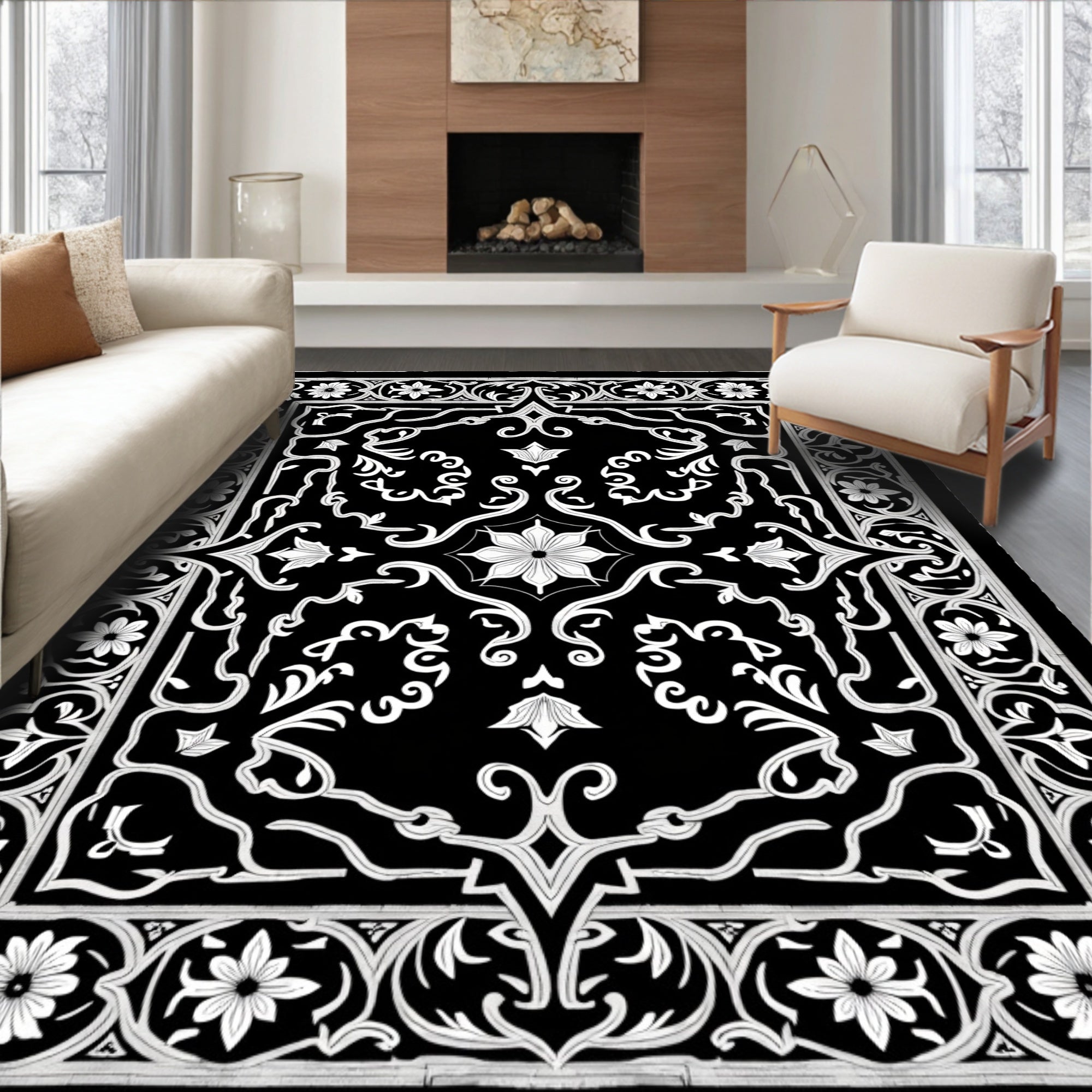Black White Floral Scrollwork Courtly Rug