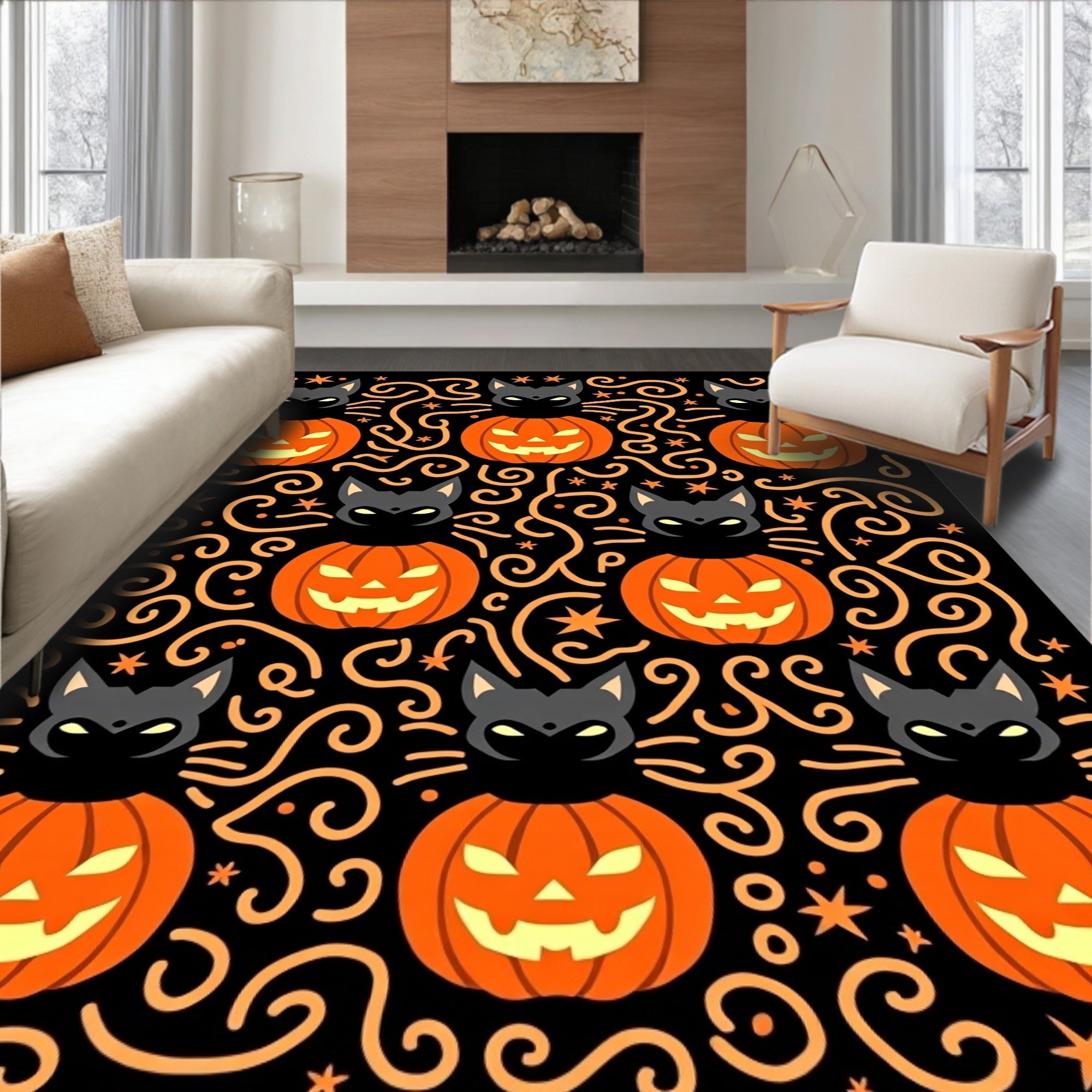Spooky Black Cat Pumpkin Swirls Rug