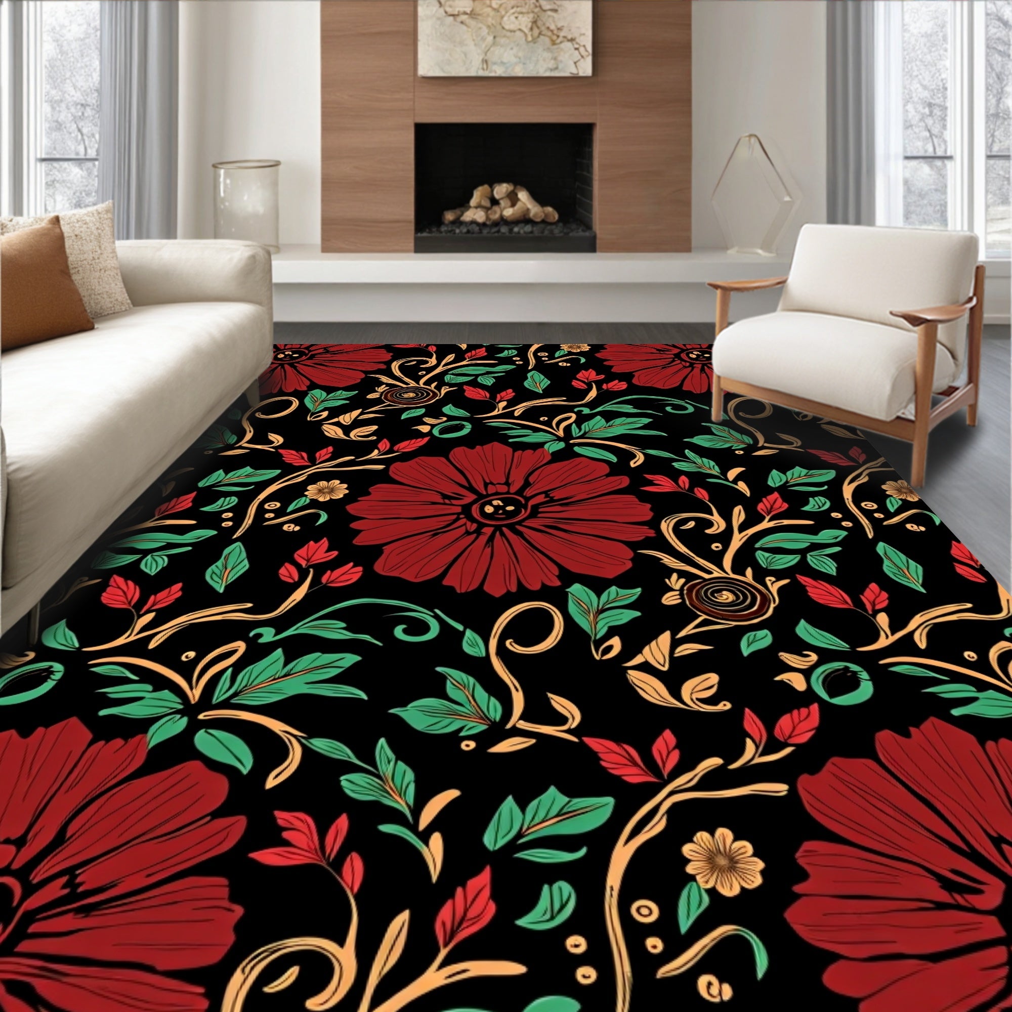 Dark Floral Vine Red Cream Accent Rug