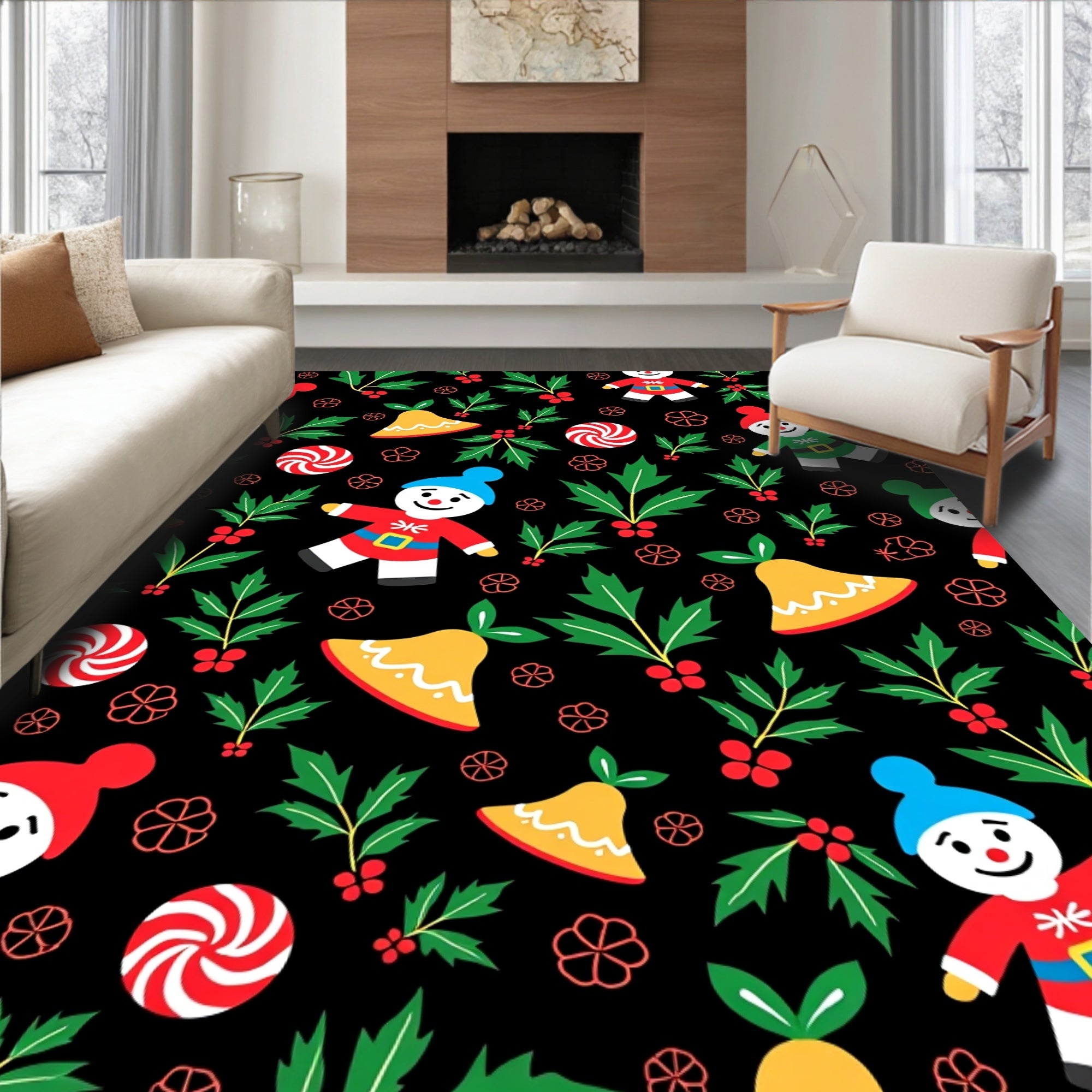 Festive Snowmen Holly Berry Bells Rug