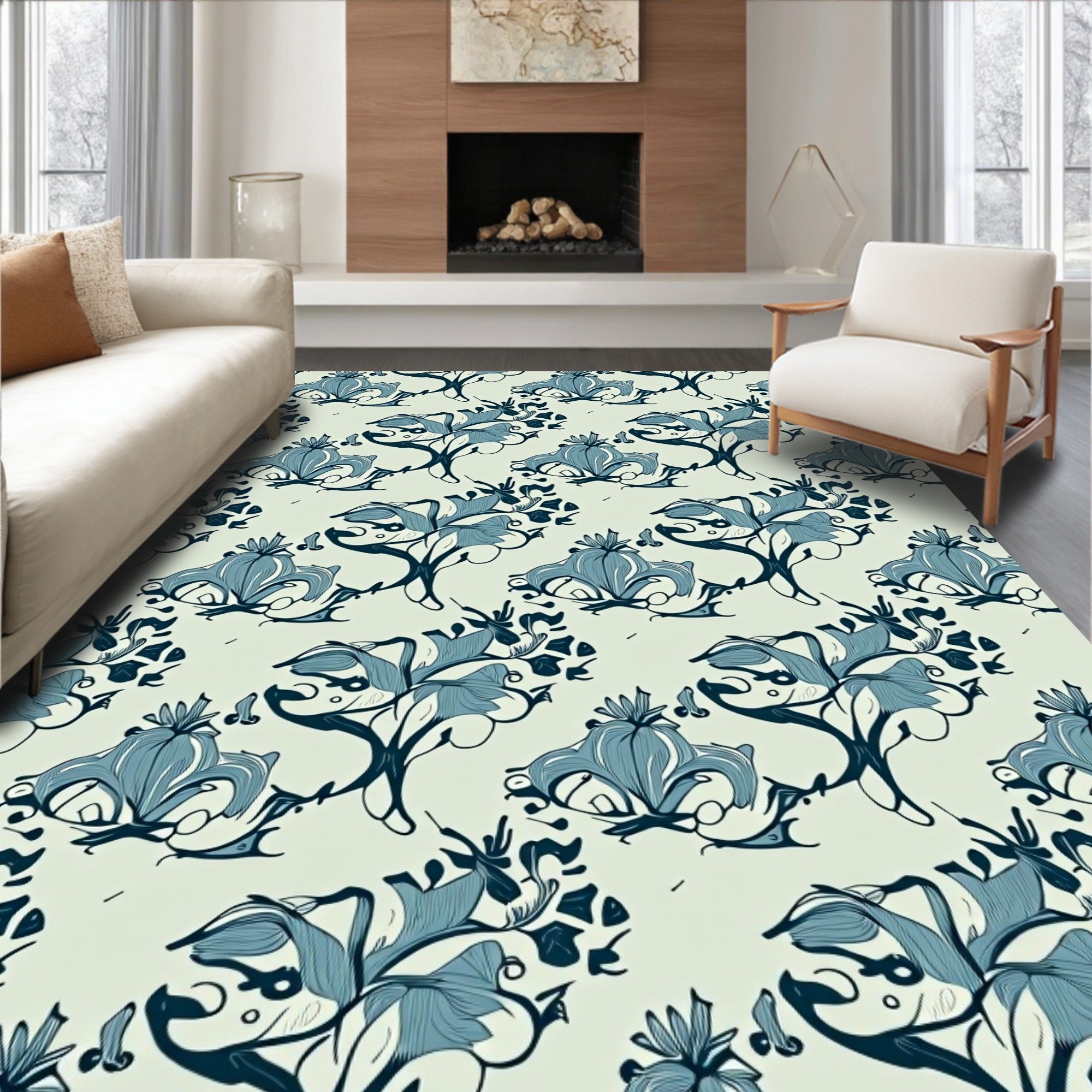 Art Nouveau Blue Floral Scroll Rug