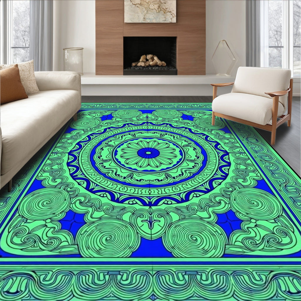 Vibrant Blue Green Circular Mandala Rug