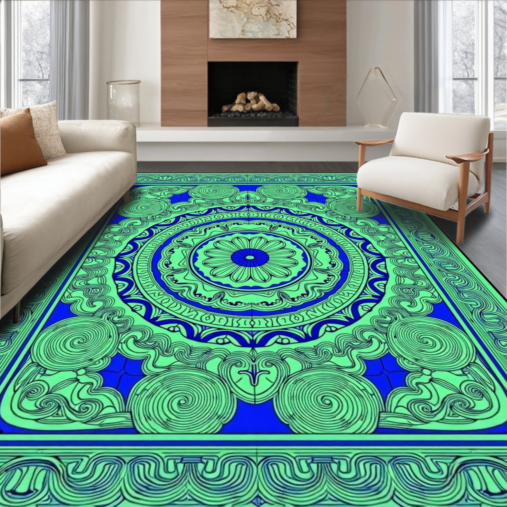 Vibrant Blue Green Circular Mandala Rug