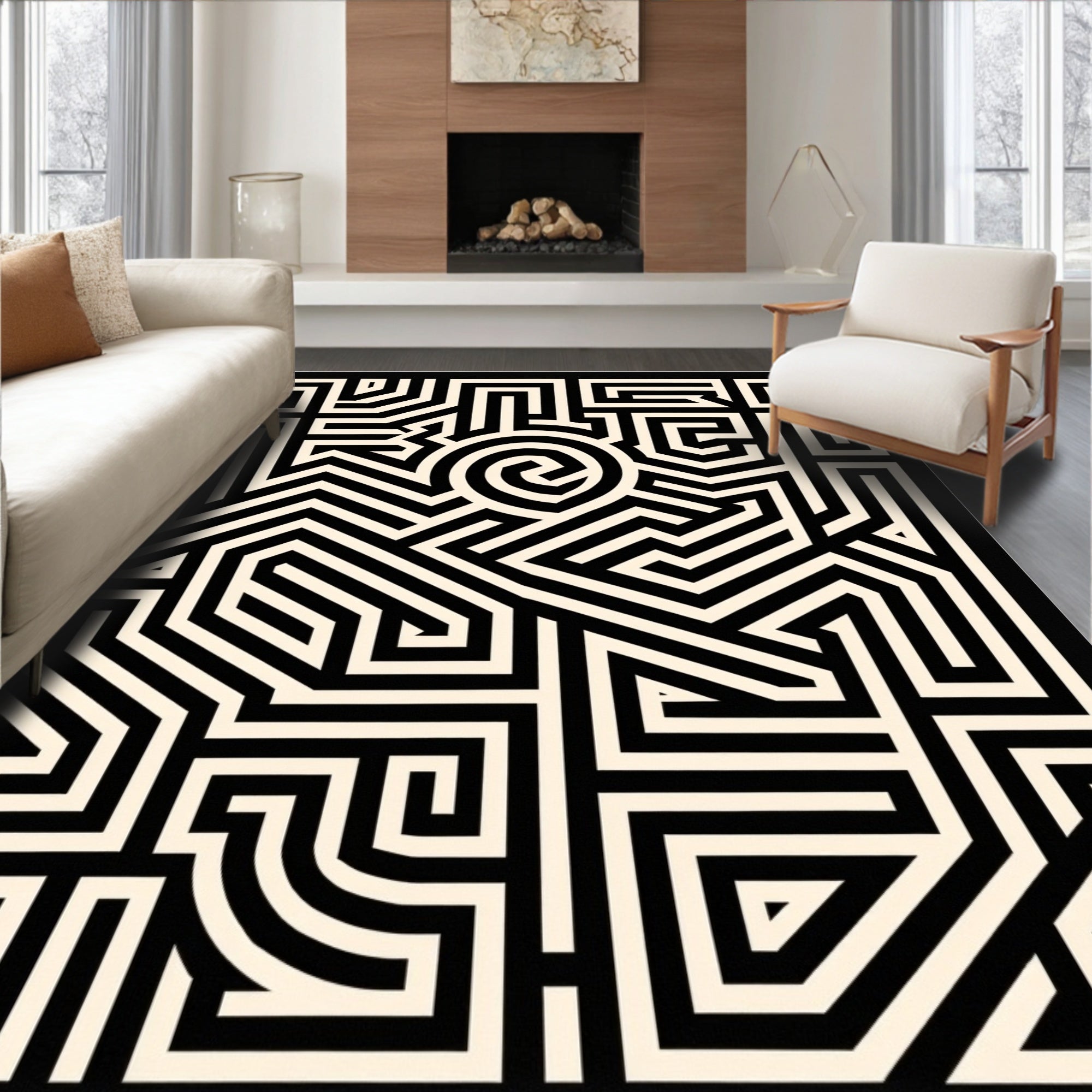 Black Cream Geometric Maze Op Art Rug