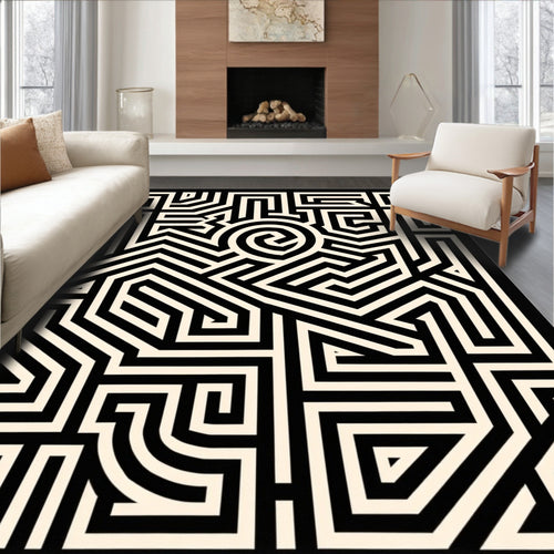 Black Cream Geometric Maze Op Art Rug