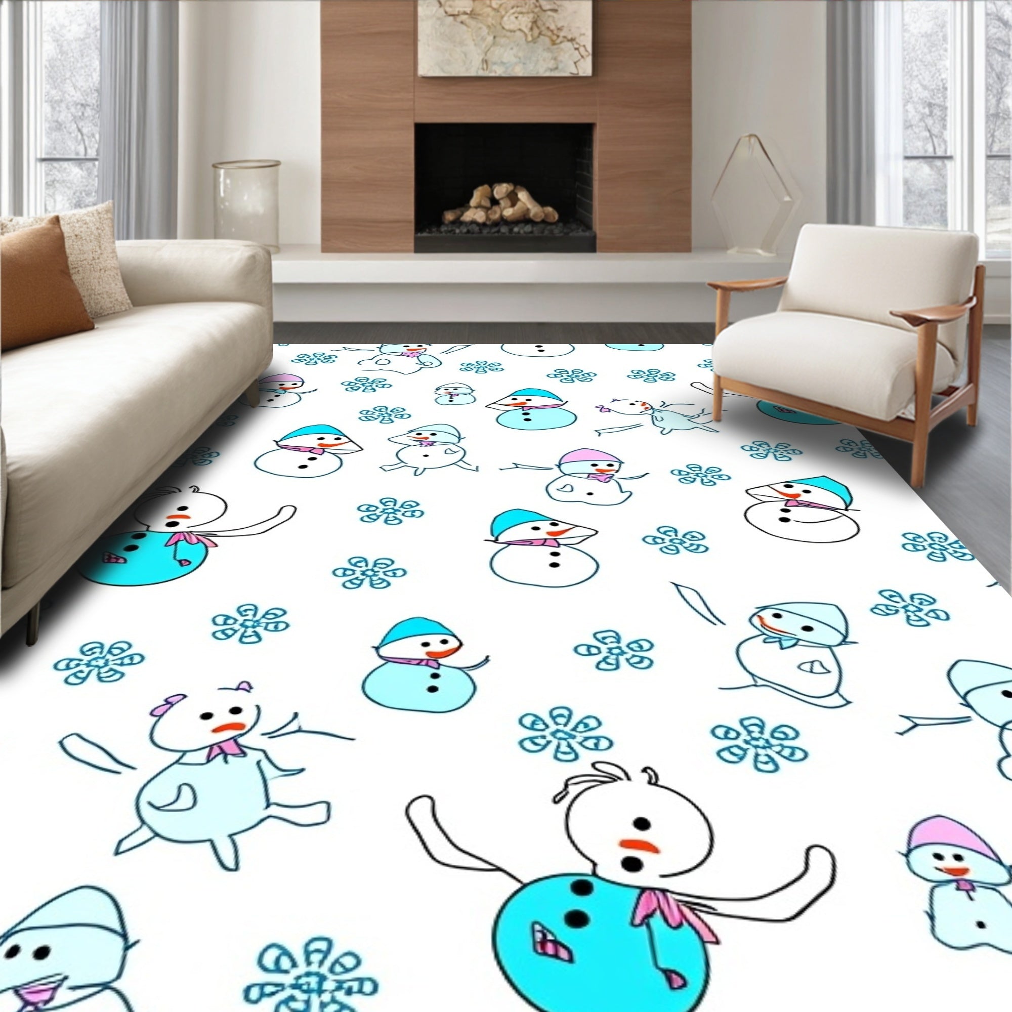 Cheerful Snowman Snowflakes Winter Collection Rug