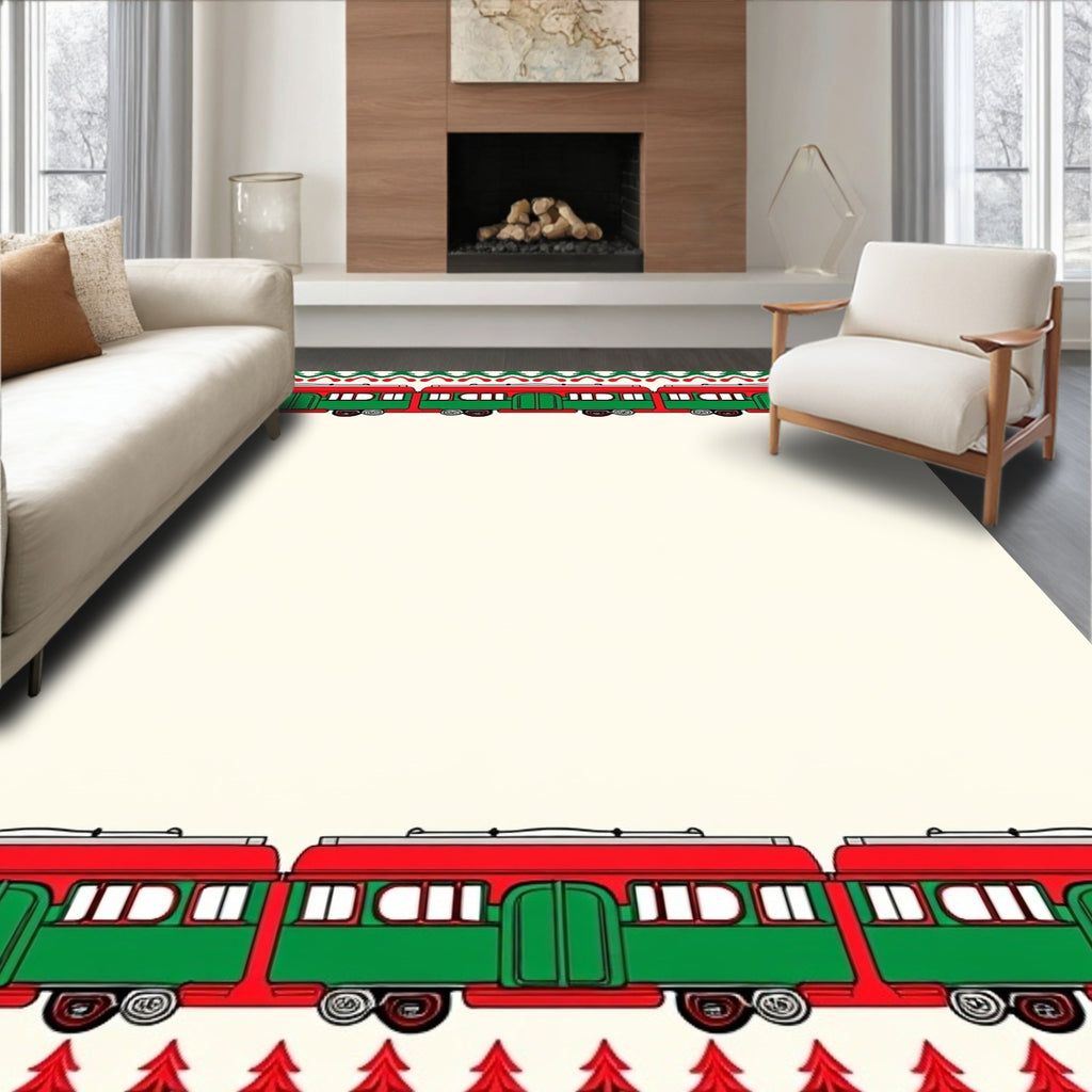Festive Red Green Train Border Rug