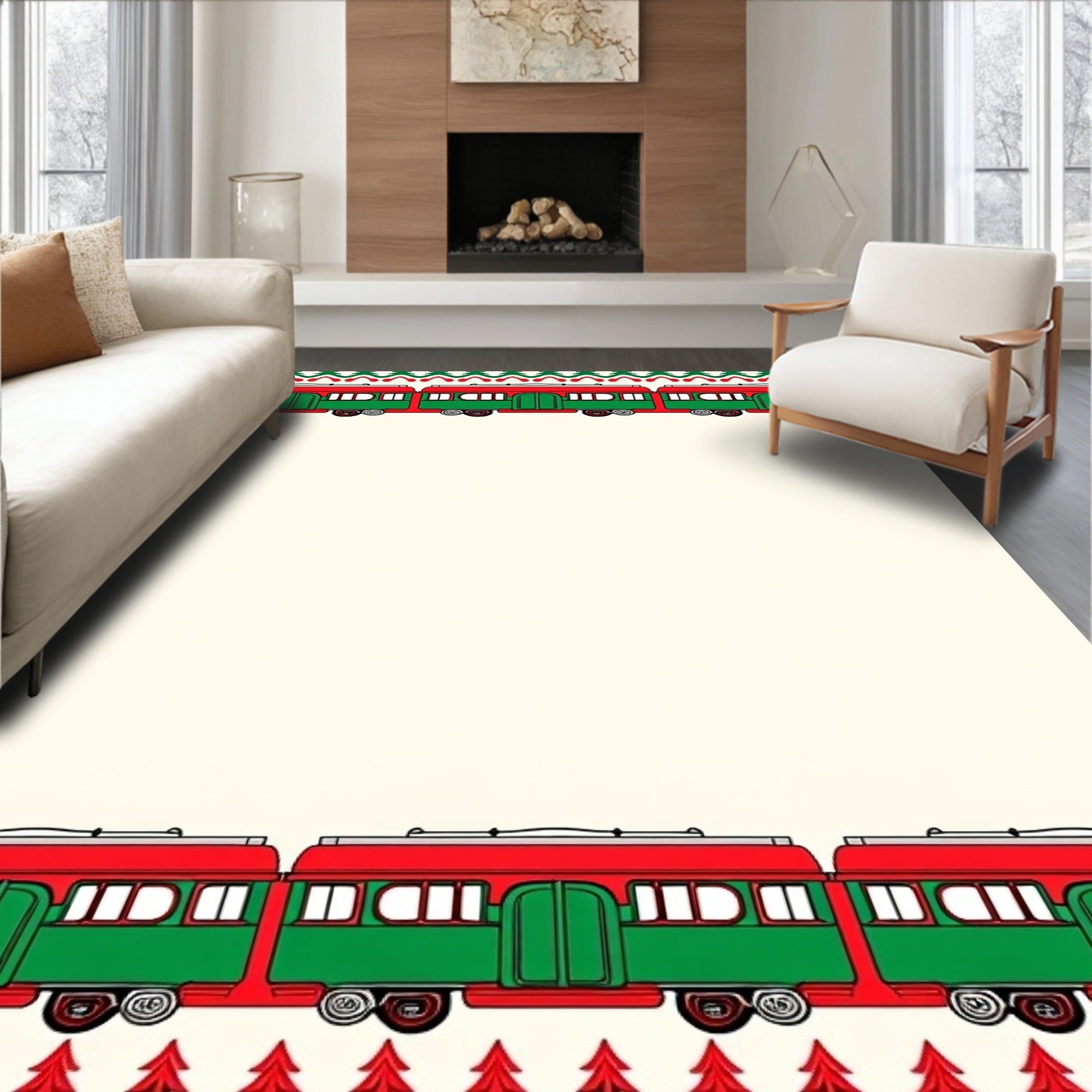 Festive Red Green Train Border Rug