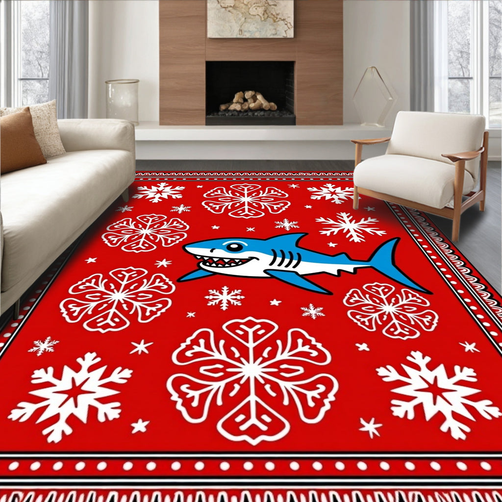 Whimsical Blue Shark Snowflake Festivity Rug