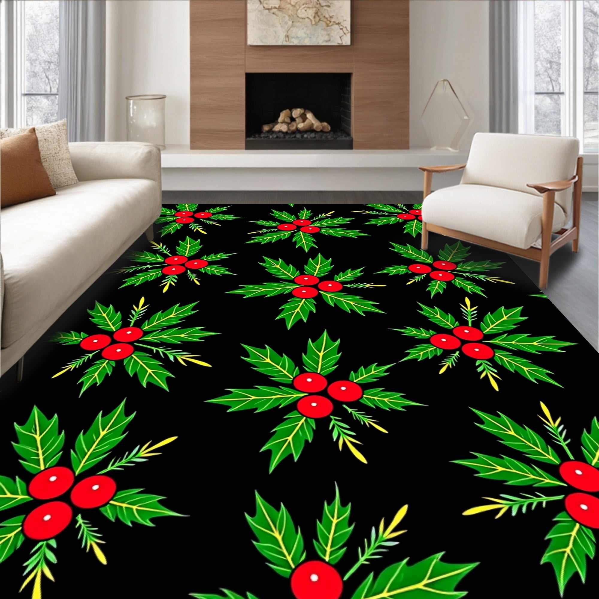 Festive red berry holly sprigs Rug