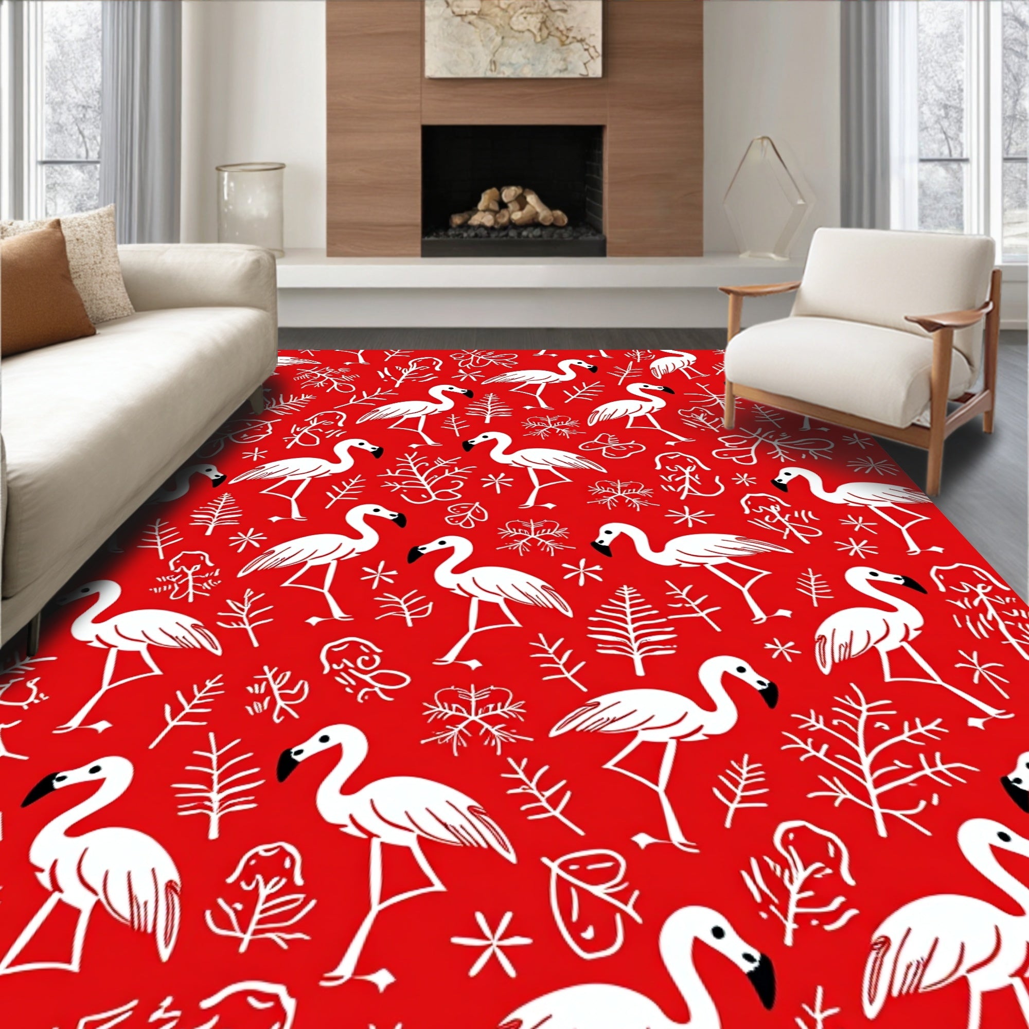Whimsical Flamingo Branches Red Background Rug