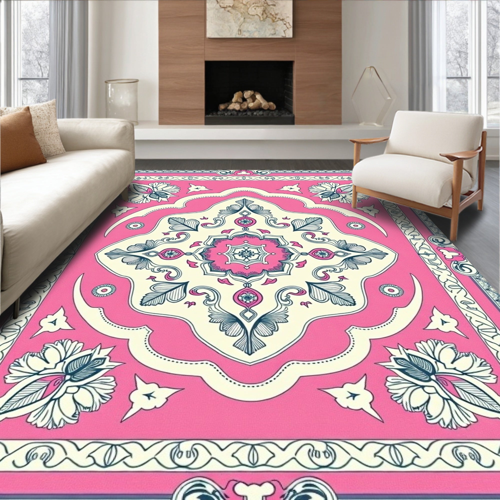 Vintage Pink Floral Medallion Rug
