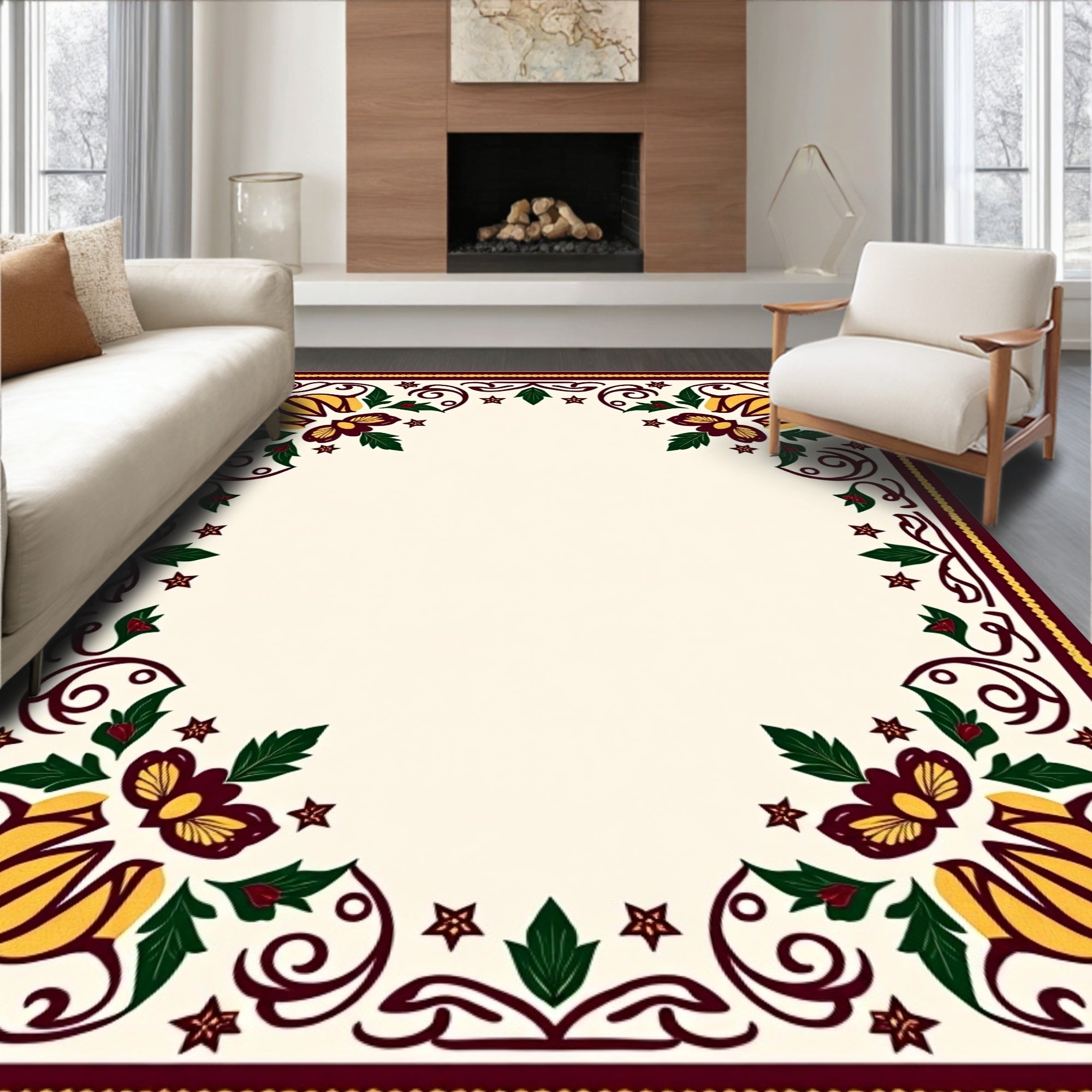 Crimson Yellow Floral Border Frame Rug
