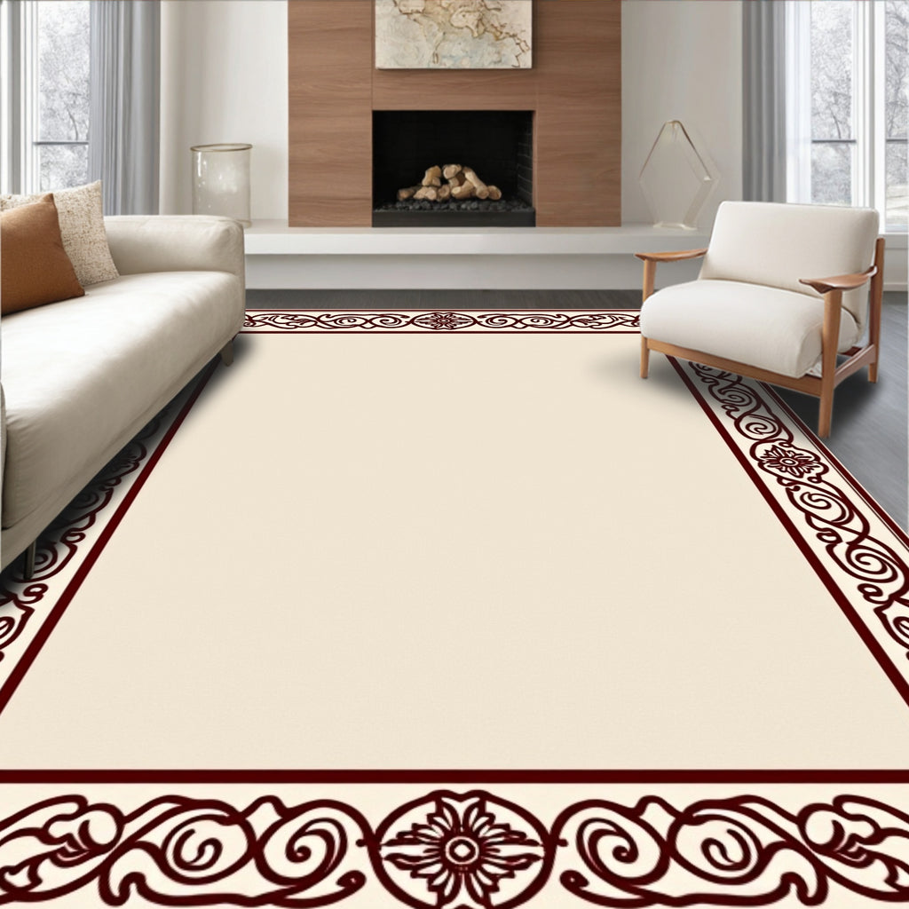 Deep Burgundy Floral Scroll Border Rug