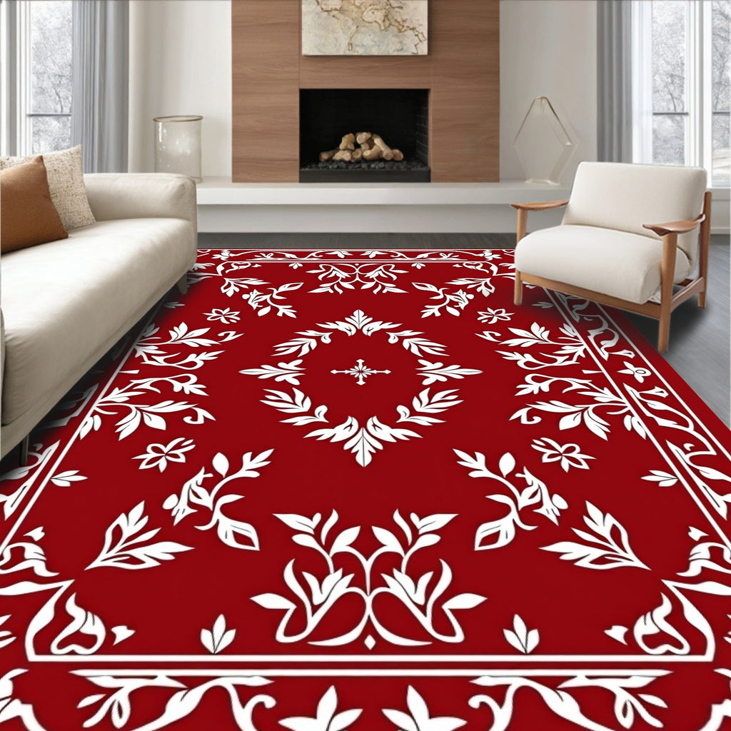 Rich Red Floral Laurel Wreath Medallion Rug
