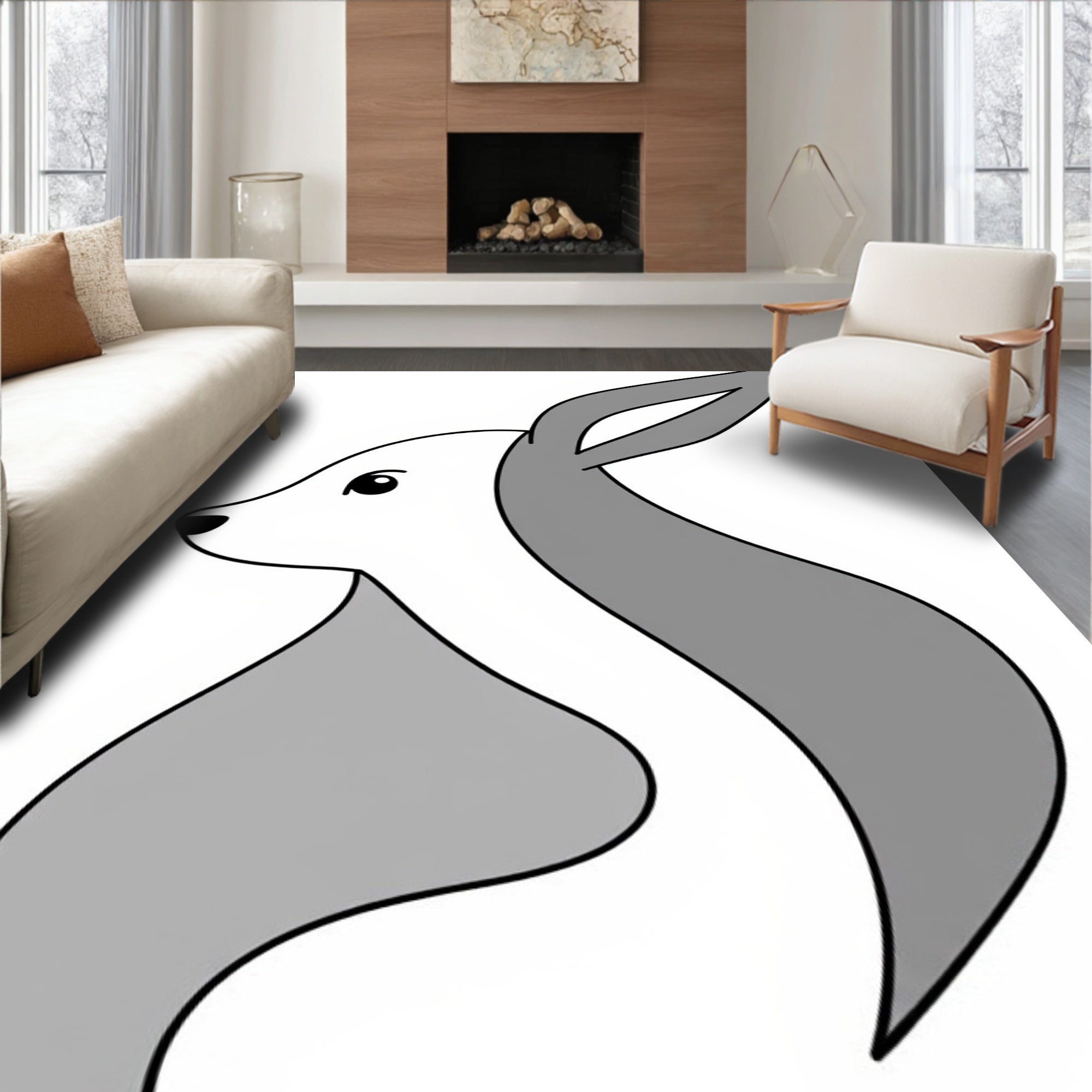 Minimalist White Gray Rabbit Silhouette Rug