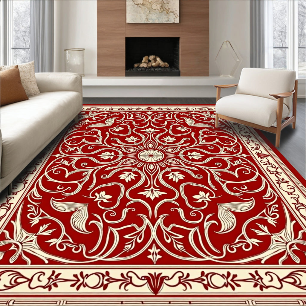 Crimson Ivory Floral Scrollwork Rug