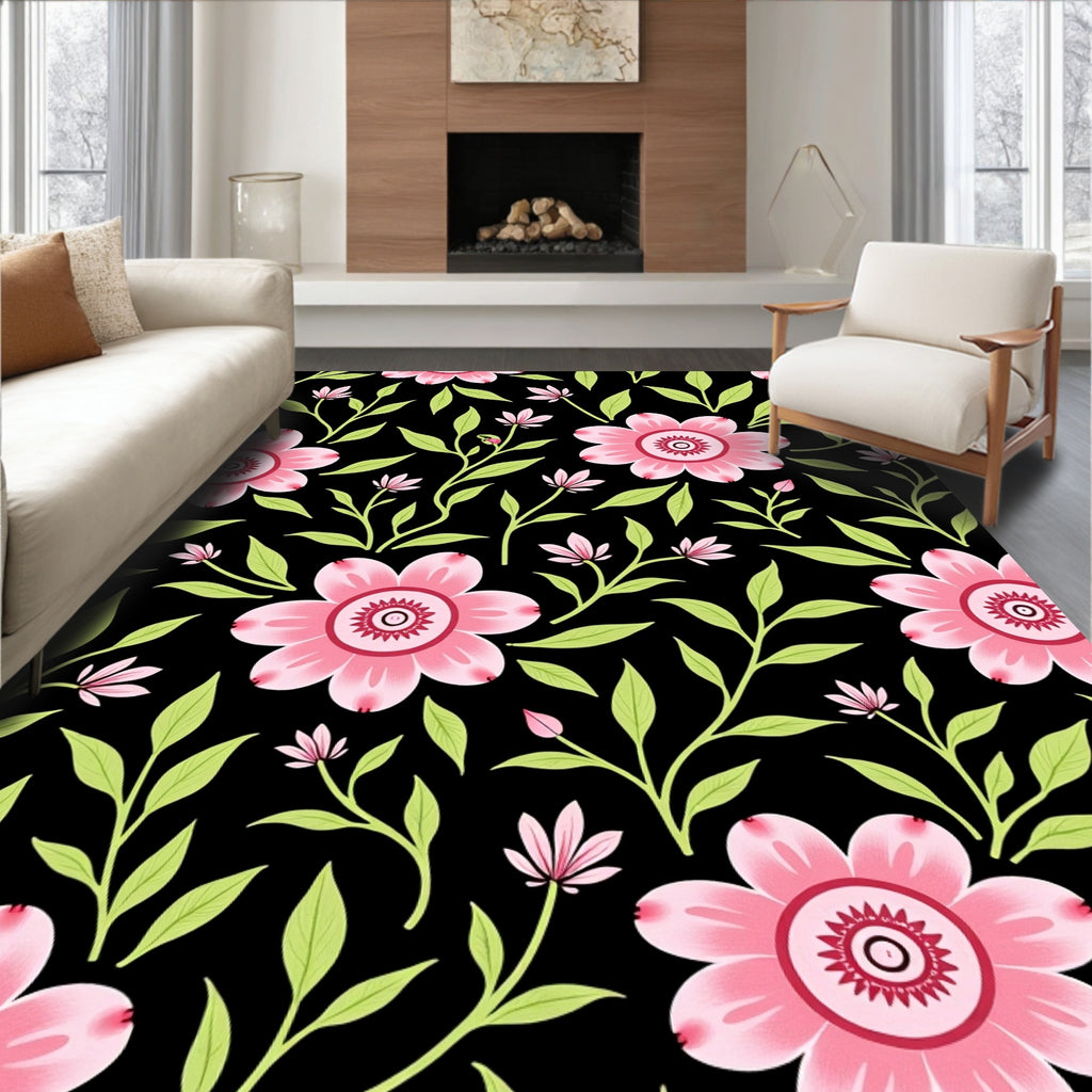 Pink Floral Vine Black Background Rug