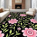 Pink Floral Vine Black Background Rug