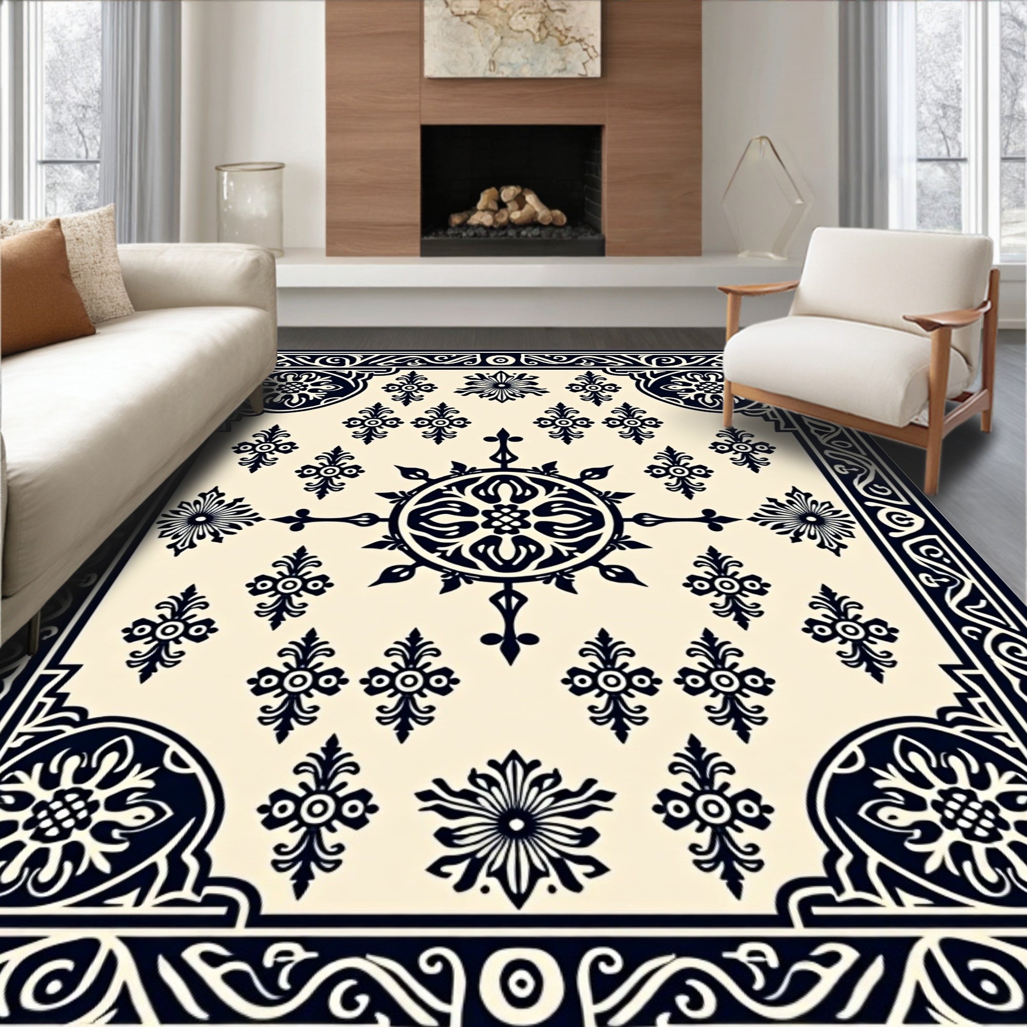 Vintage Cream Black Floral Mandala Rug