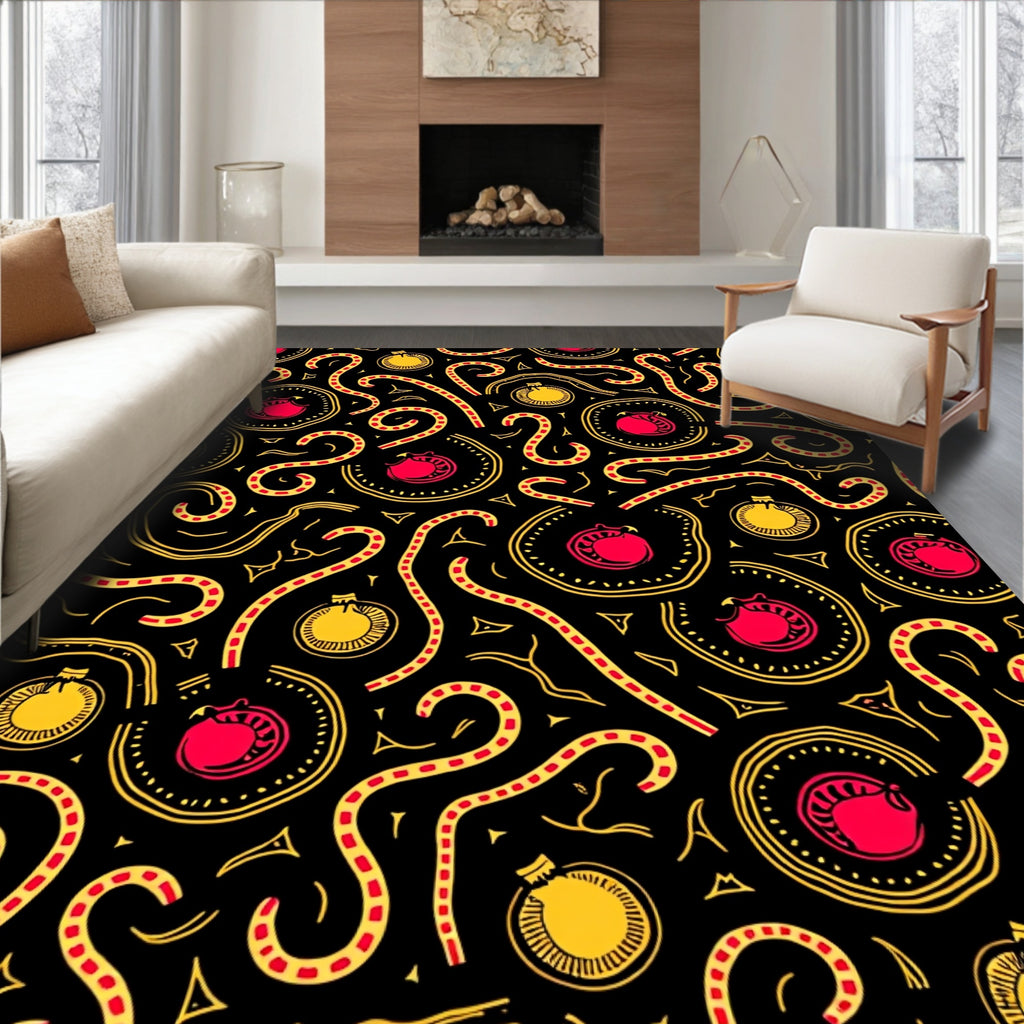Crimson Yellow Bauble Swirl Holiday Rug