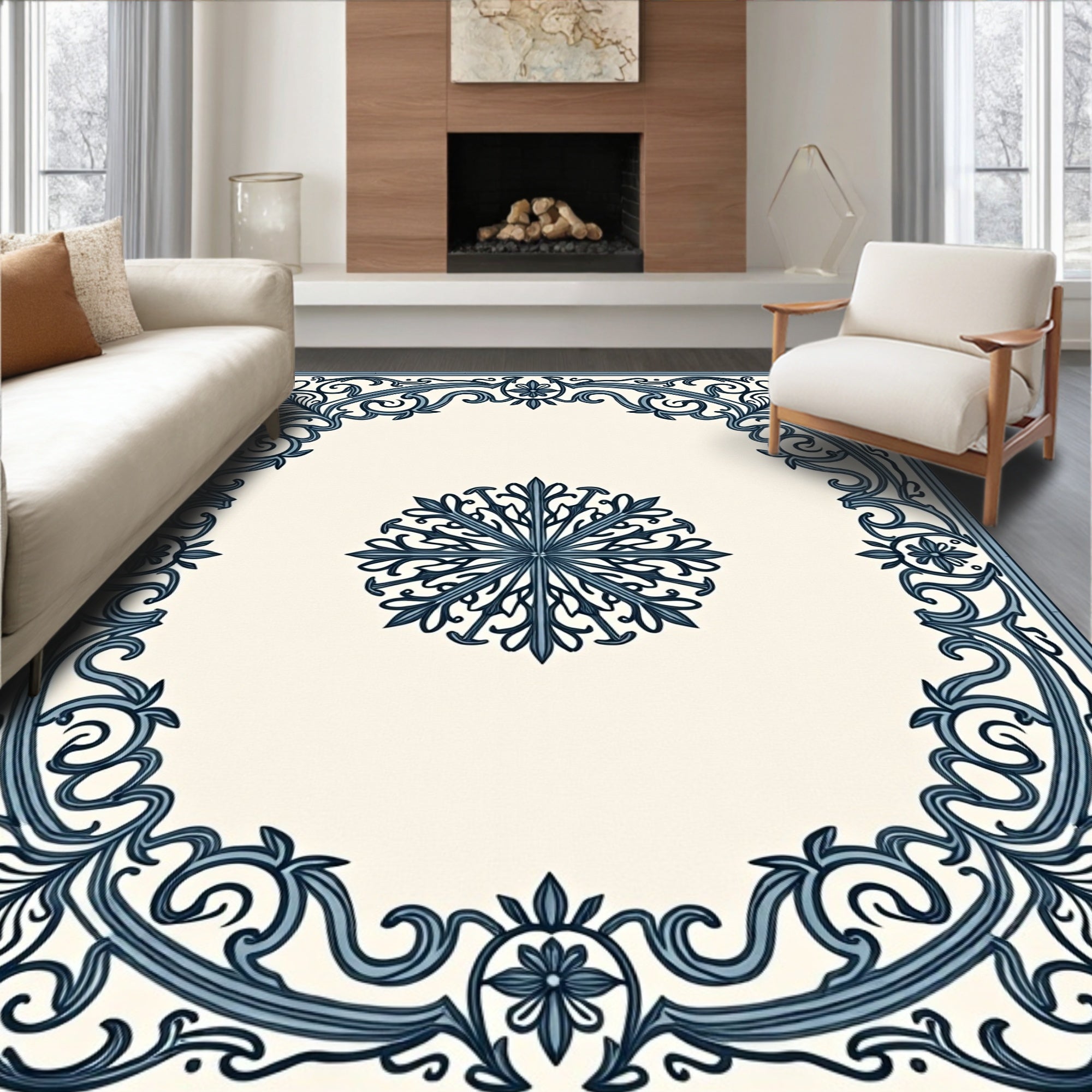 Vintage Navy Blue Floral Medallion Framing Rug