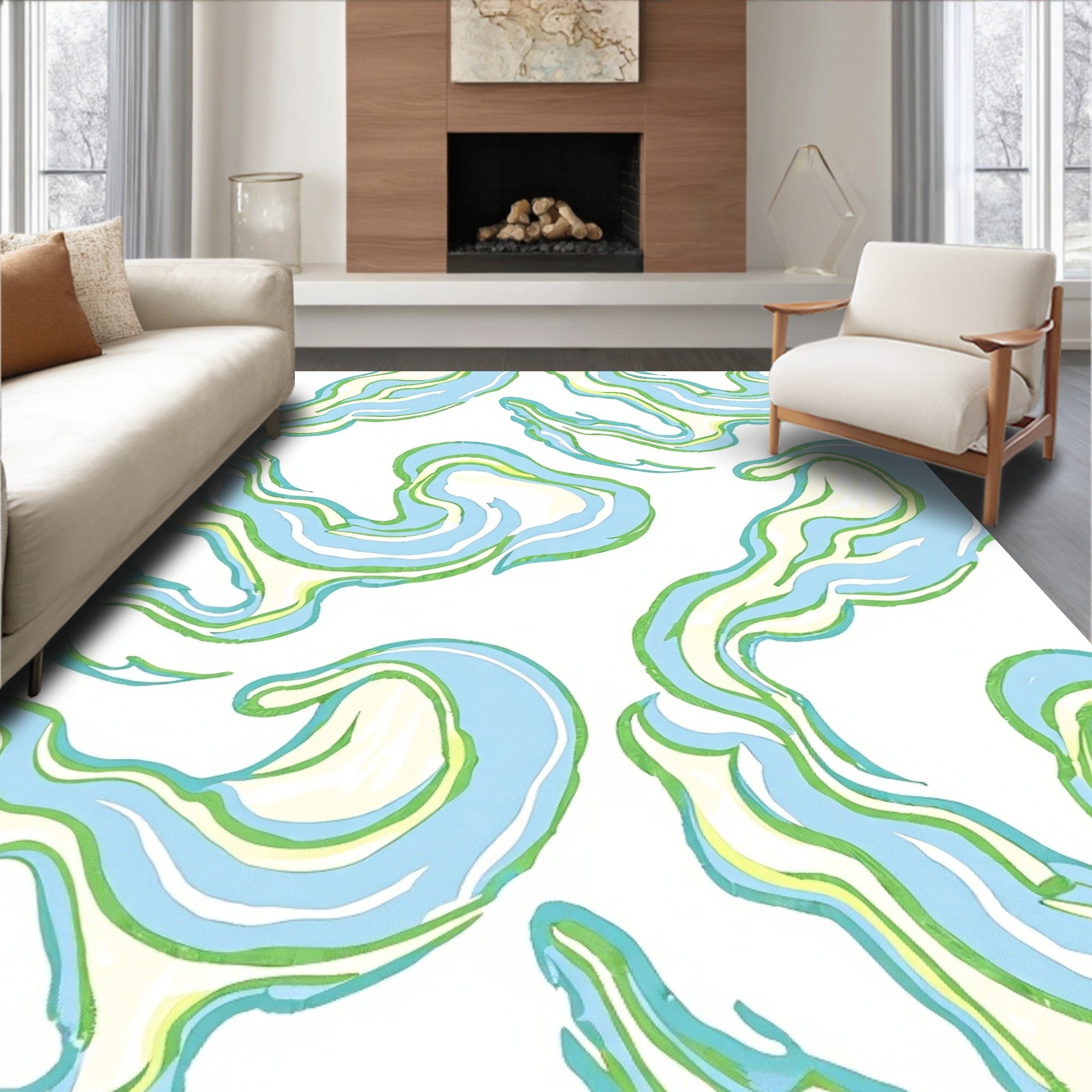 Soft Blue Green Swirling Brushstroke Rug