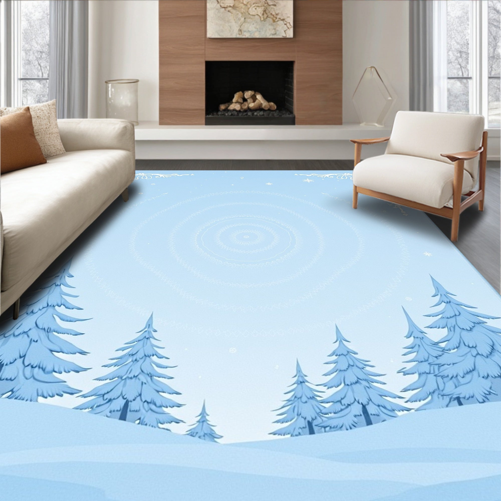 Light Blue Winter Forest Snowscape Rug