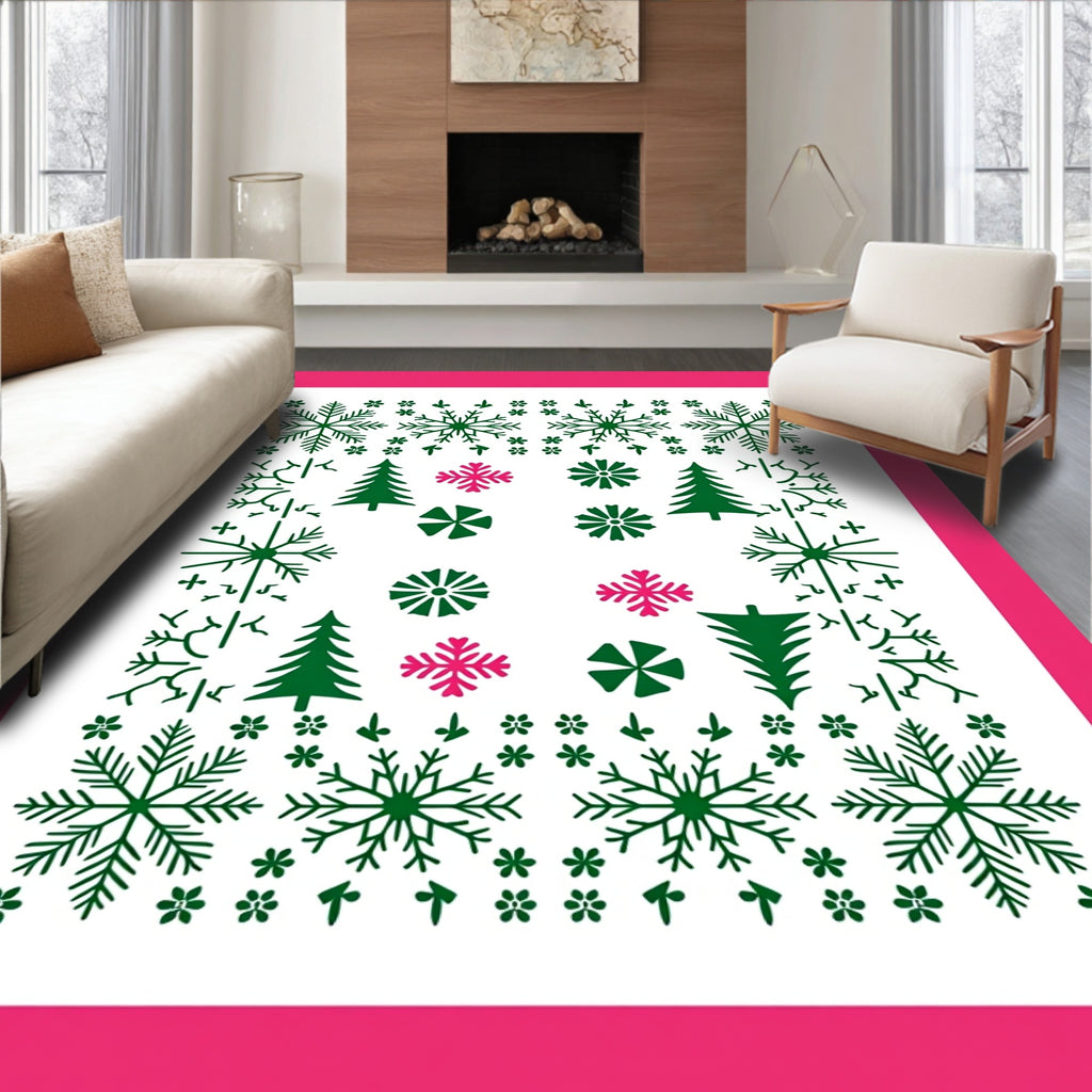Green Pink Snowy Forest Meadow Rug