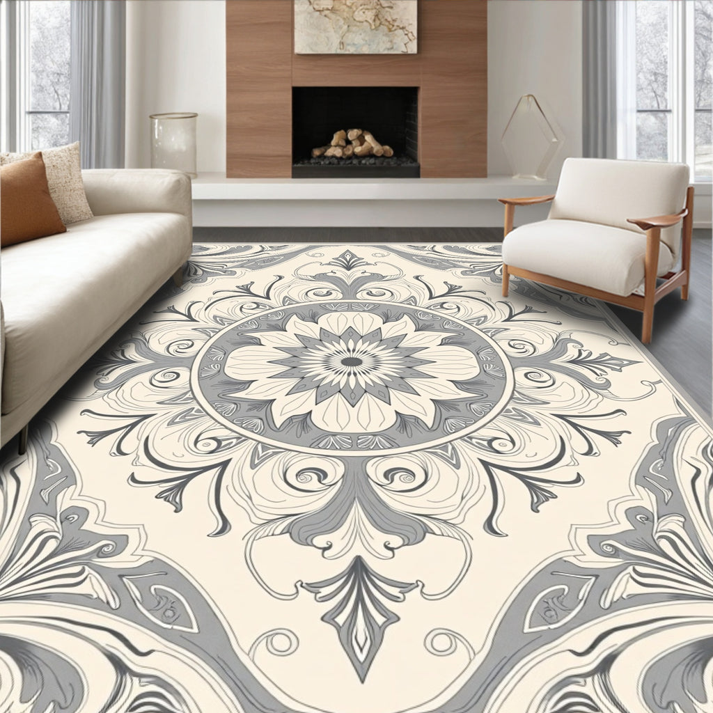 Elegant Cream Gray Floral Mandala Rug