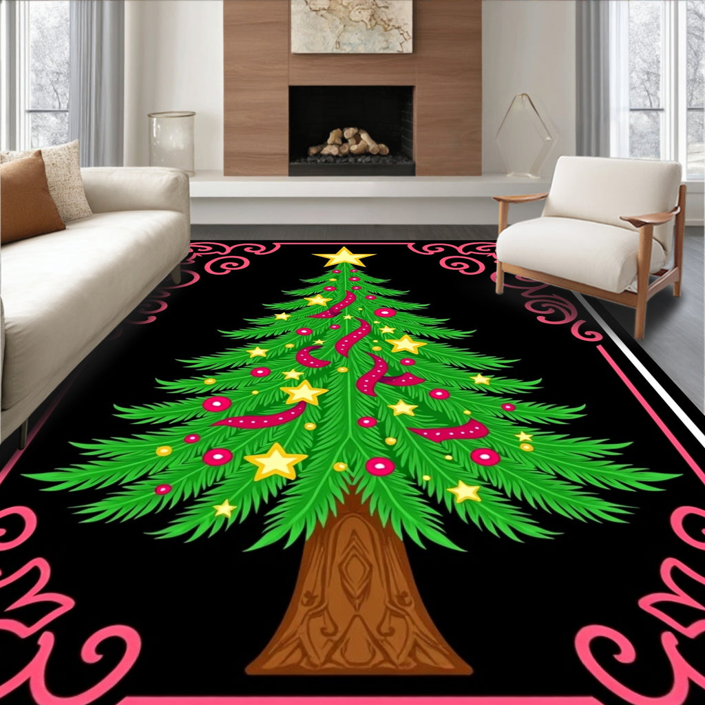 Festive Green Christmas Tree Floral Border Rug