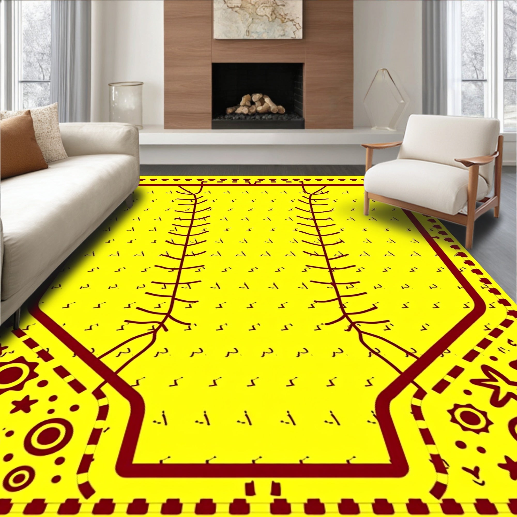 Bright Yellow Baseball Stitch Graphics Rug
