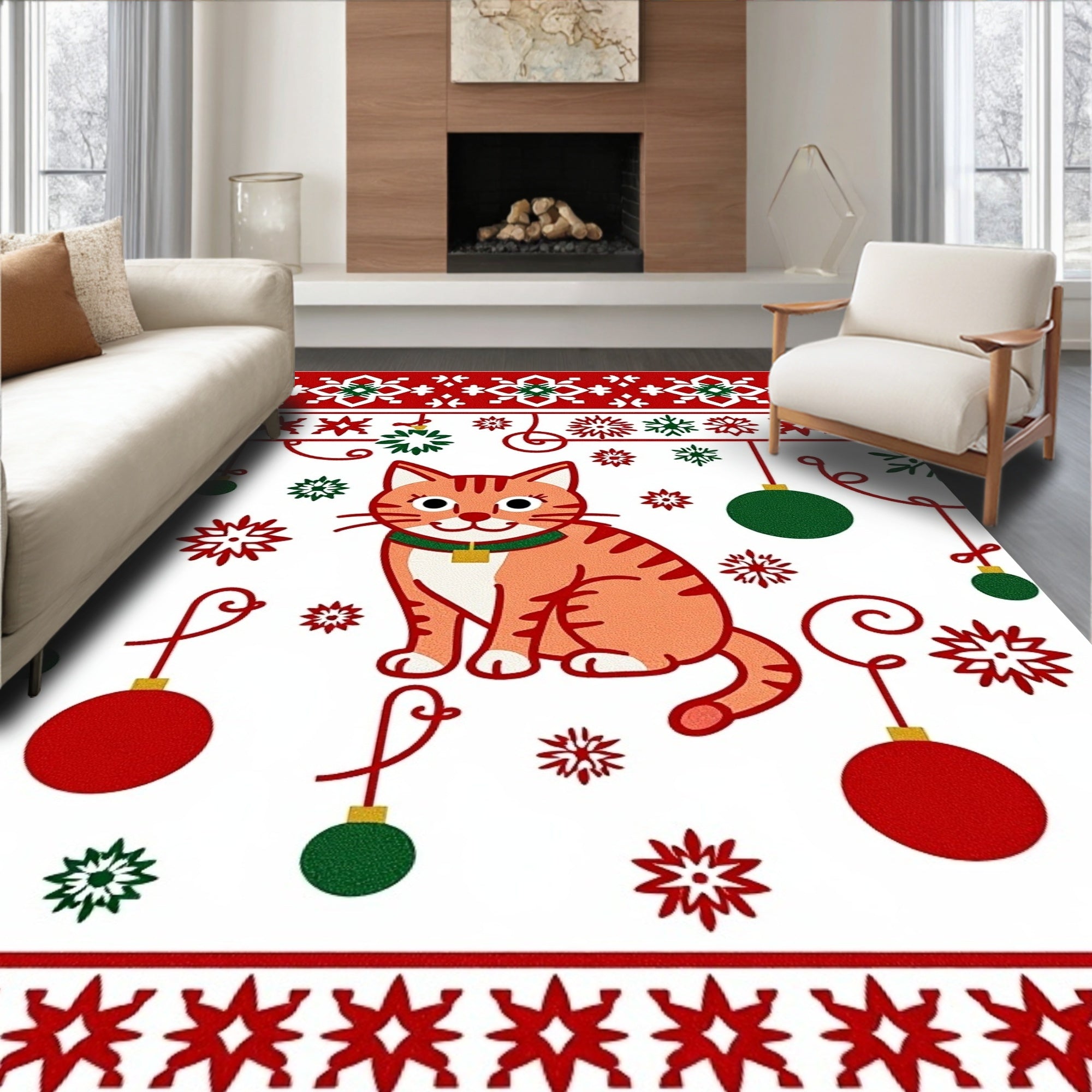 Orange Cat Christmas Ornament Snowflake Rug