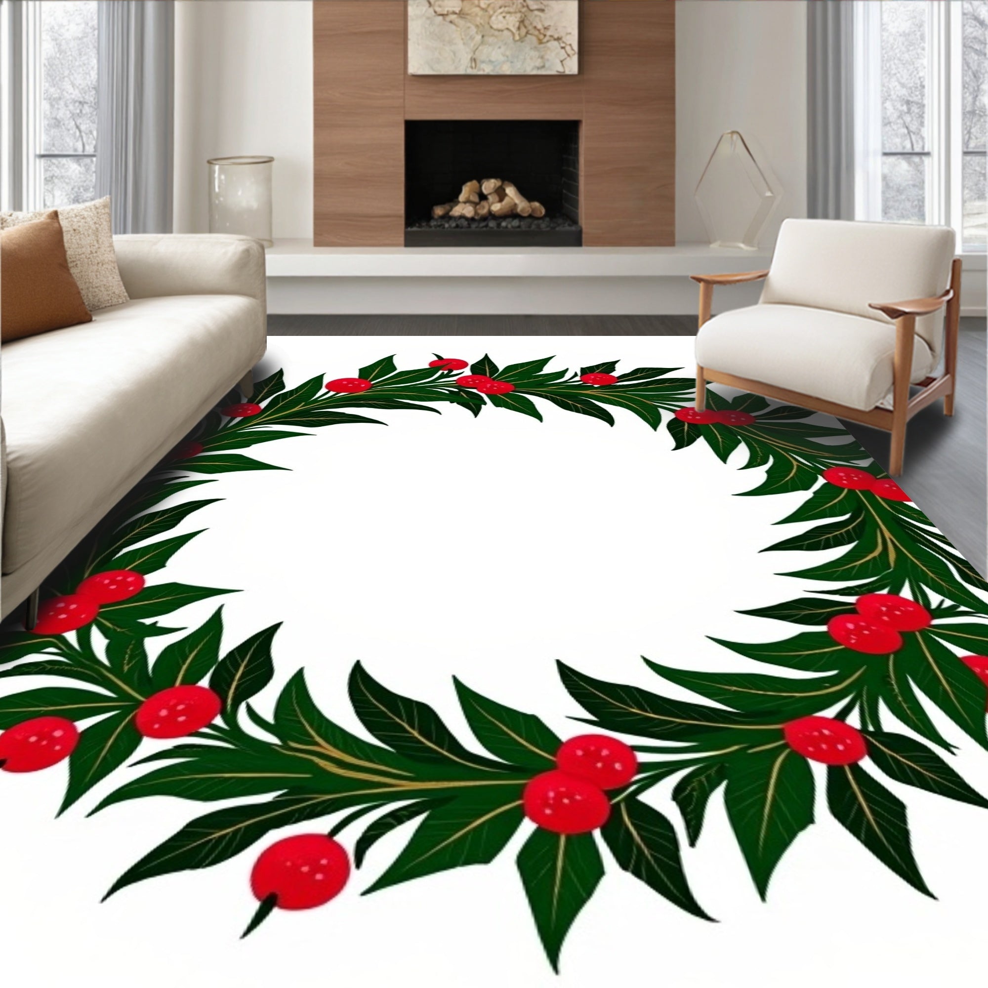 Festive Holly Berry Wreath Garland Rug